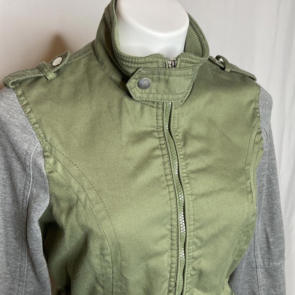Designer Therapy Olive & Grey Cotton Cinch Waist Moto Jacket, L Size L / US 10 / IT 46 - 6 Thumbnail