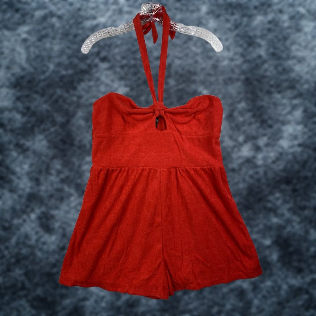 Vintage Wild Fable Romper Shirt Red Adult L Halter Beach NWT Shortall Sleeveless Cotton Polyester 70s 80s 90s Aloha Womens Size 36" / US 14 / IT 50 - 1 Thumbnail