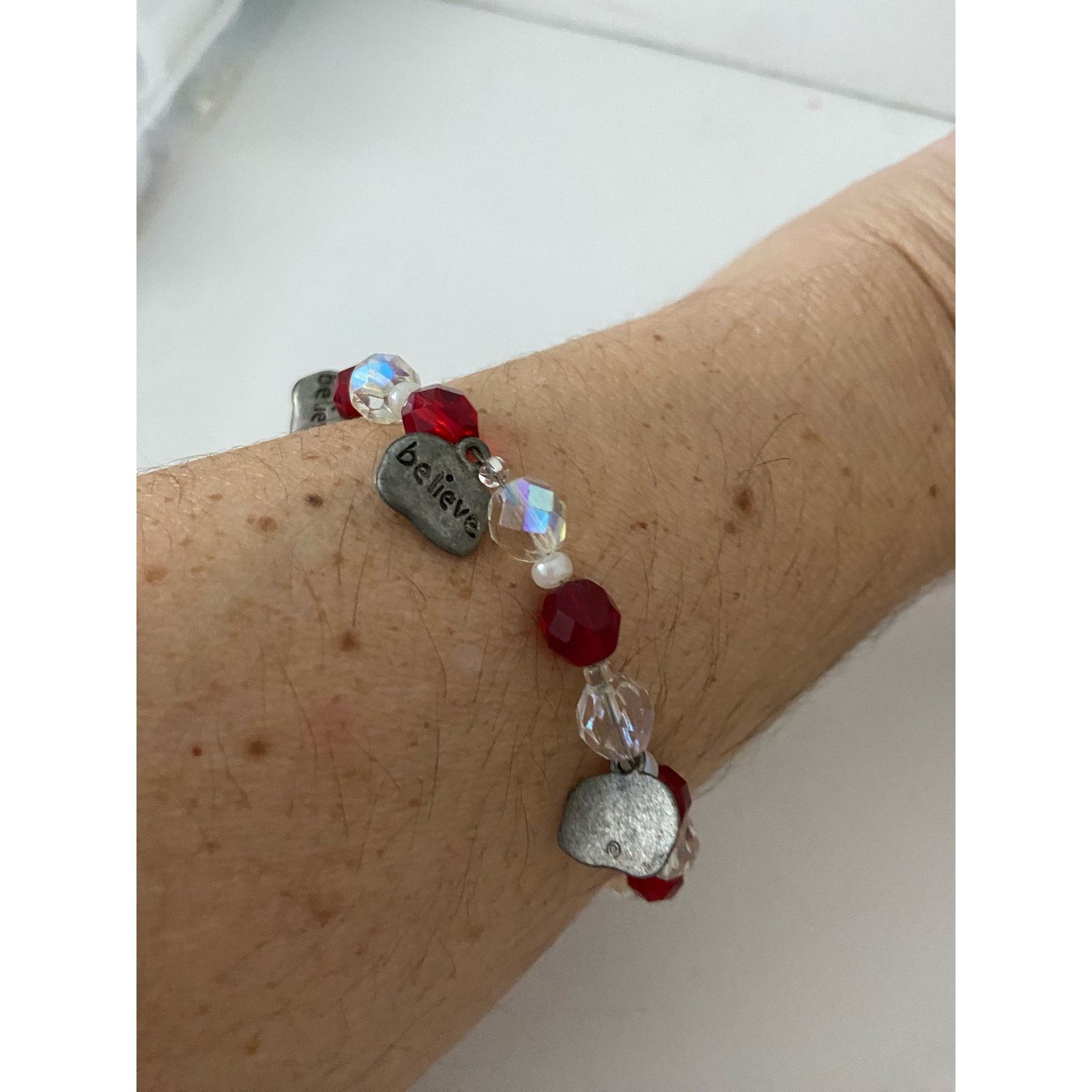 Handmade believe bracelet red and white beads Size ONE SIZE - 1 Thumbnail