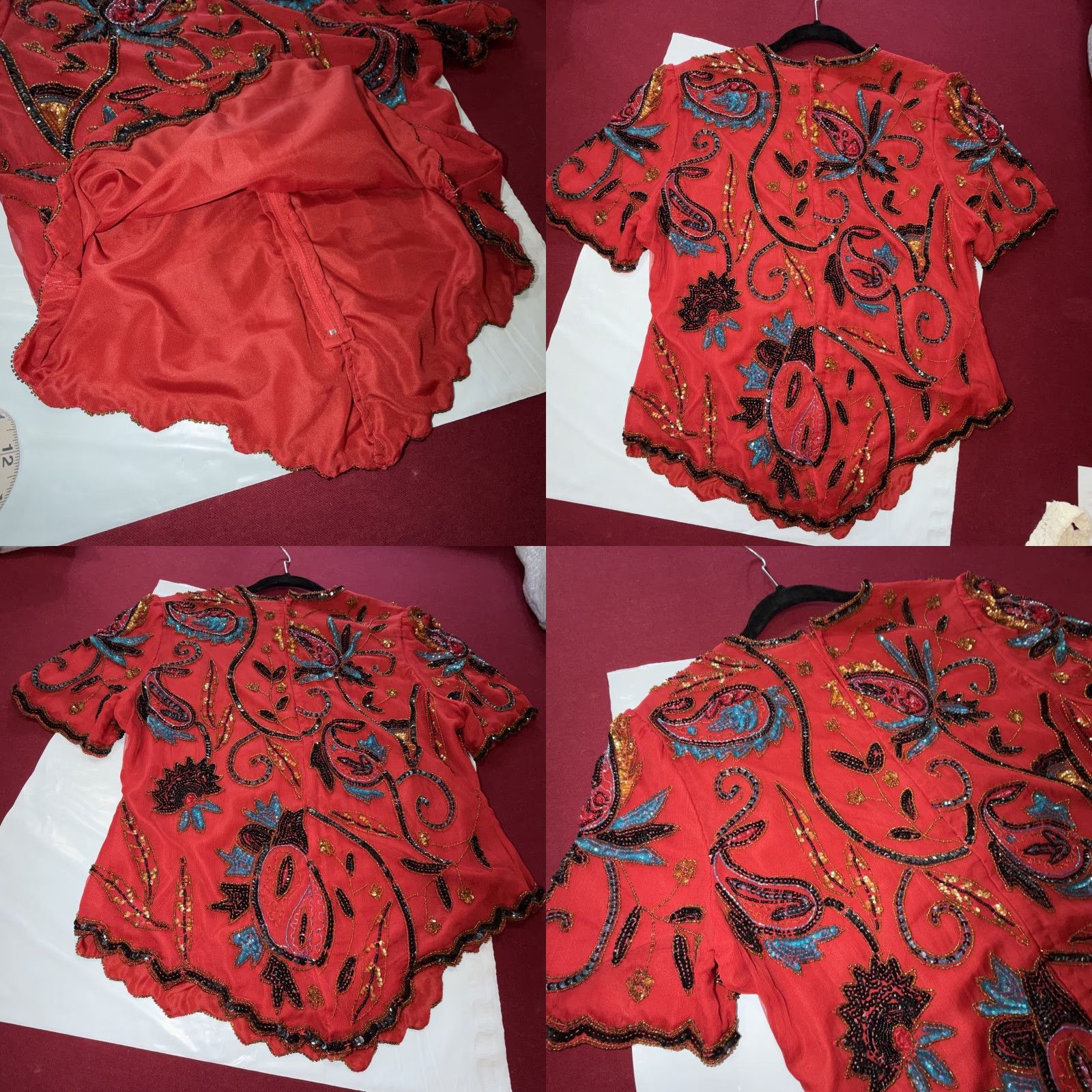 Vintage VINTAGE Laurence Kazar RED Silk black Blue Sequin Beaded Top Women L Floral S/S Formal Top Size L / US 10 / IT 46 - 10 Thumbnail