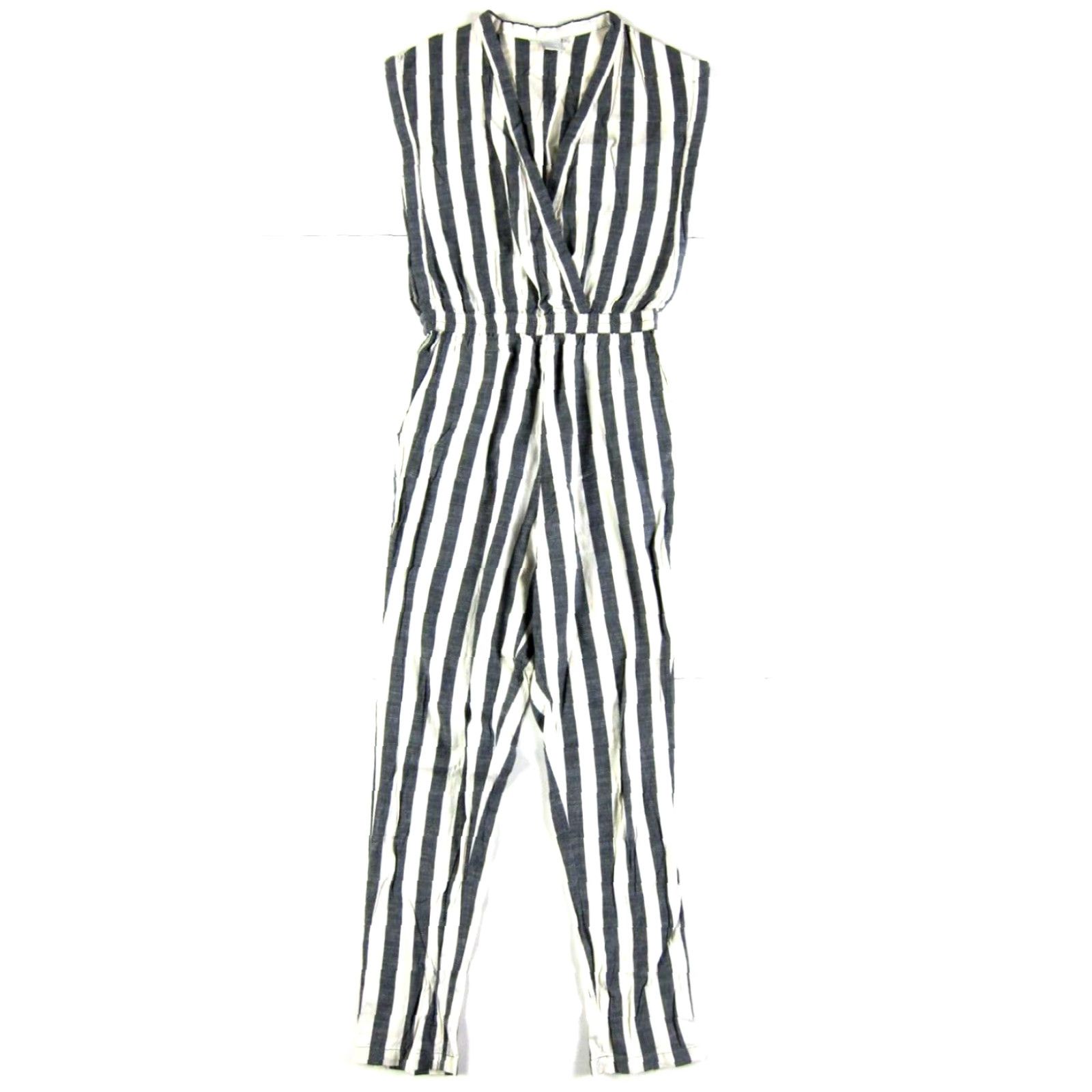 Vintage ICHI Jumpsuit Women 34/6 Grey Stripe Pocket Cap Sleeve V-Neck Cotton Rayon Size 28" / US 6 / IT 42 - 6 Thumbnail