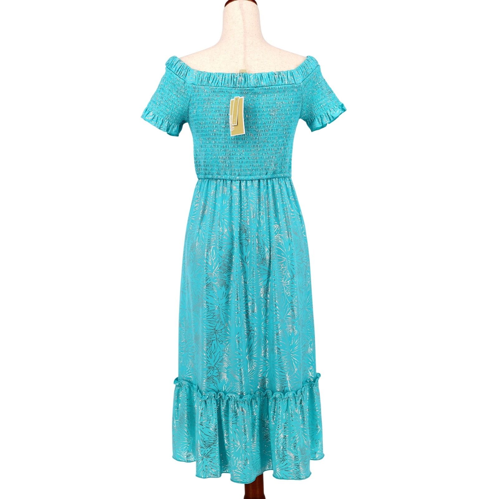 Michael Kors Michael Kors Women Turquoise Foil Smocked Midi Dress Size XS Size XS / US 0-2 / IT 36-38 - 4 Thumbnail