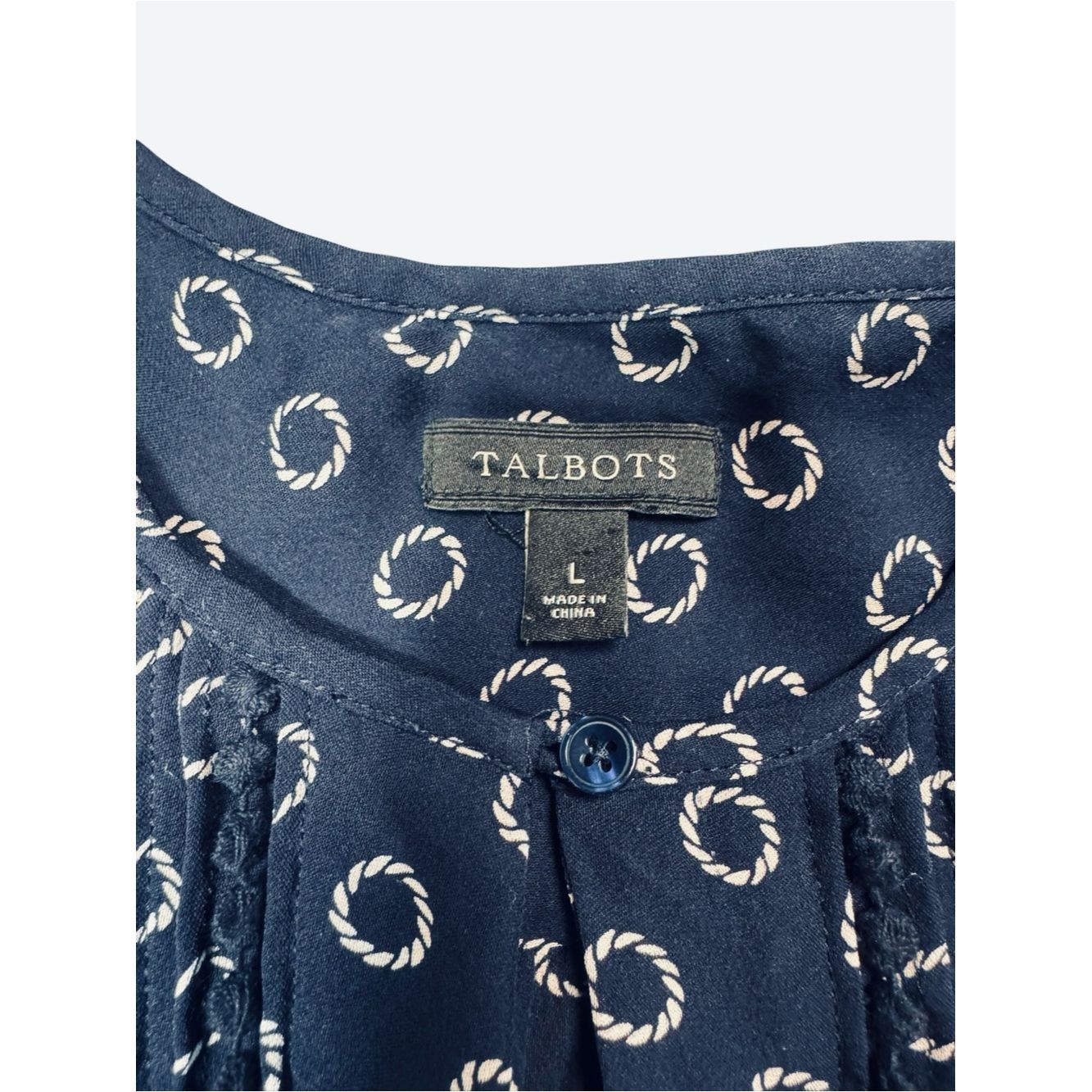 Talbots Talbots 100% Silk Navy and White Geometric Print 3/4 Sleeve Size L / US 10 / IT 46 - 7 Thumbnail
