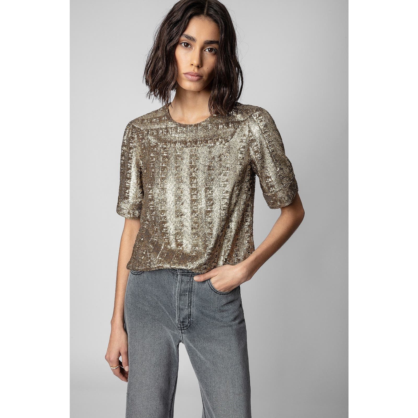 image of Zadig Voltaire NWT Zadig & Voltaire Toysse Sequin Blouse in Gold, Women's (Size Small)