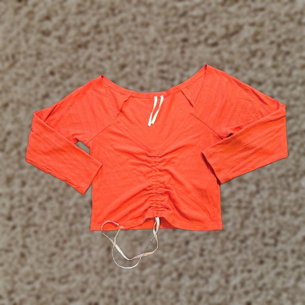 Anthropologie Anthropologie Blouse Womens XS Orange Textured Ruched Crop V Neck Casual Basic Knit Shirt Modern Classic Summer Spring Womens Size XS / US 0-2 / IT 36-38 - 1 Thumbnail