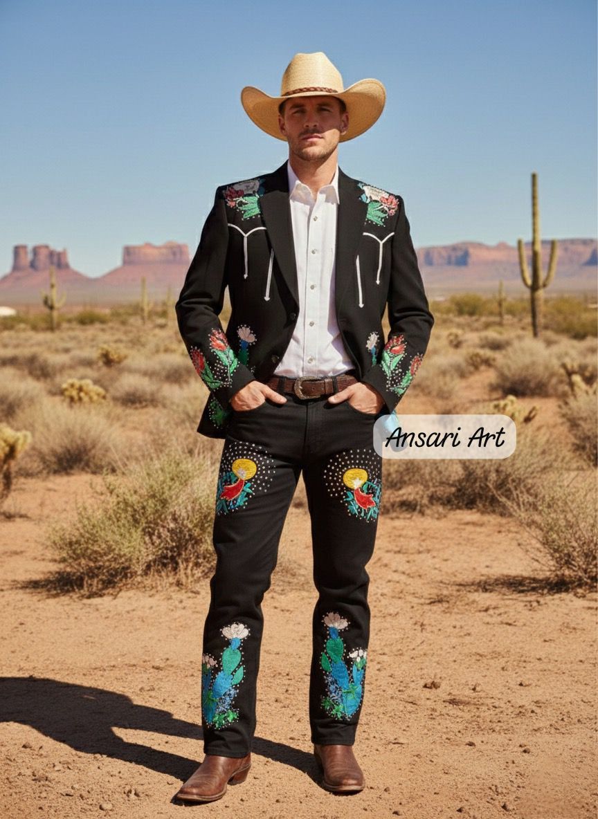 Other Men 2PC Customized Cactus embroidery western Nudie outfit Size 46S - 1 Thumbnail