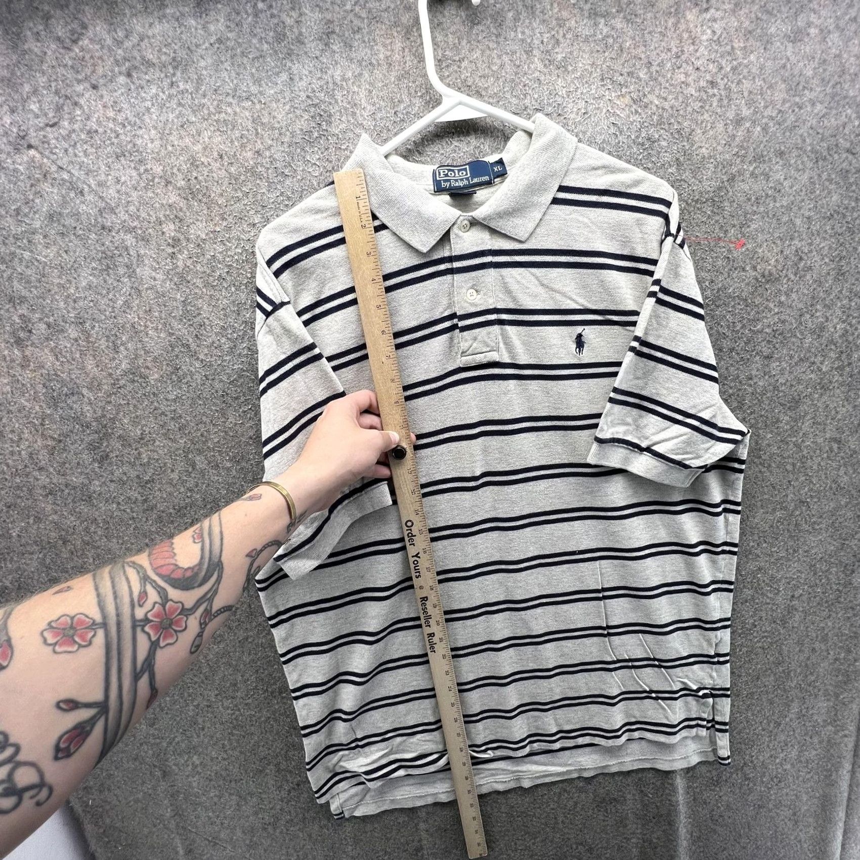 Polo Ralph Lauren VINTAGE Polo by Ralph Lauren Polo Shirt Mens XL Gray Stripe Pony Pique Cotton Polo by Ralph Lauren Shirt Mens XL Gray Stripe Pony Logo Cap Sleeve? Size US XL / EU 56 / 4 - 5 Thumbnail