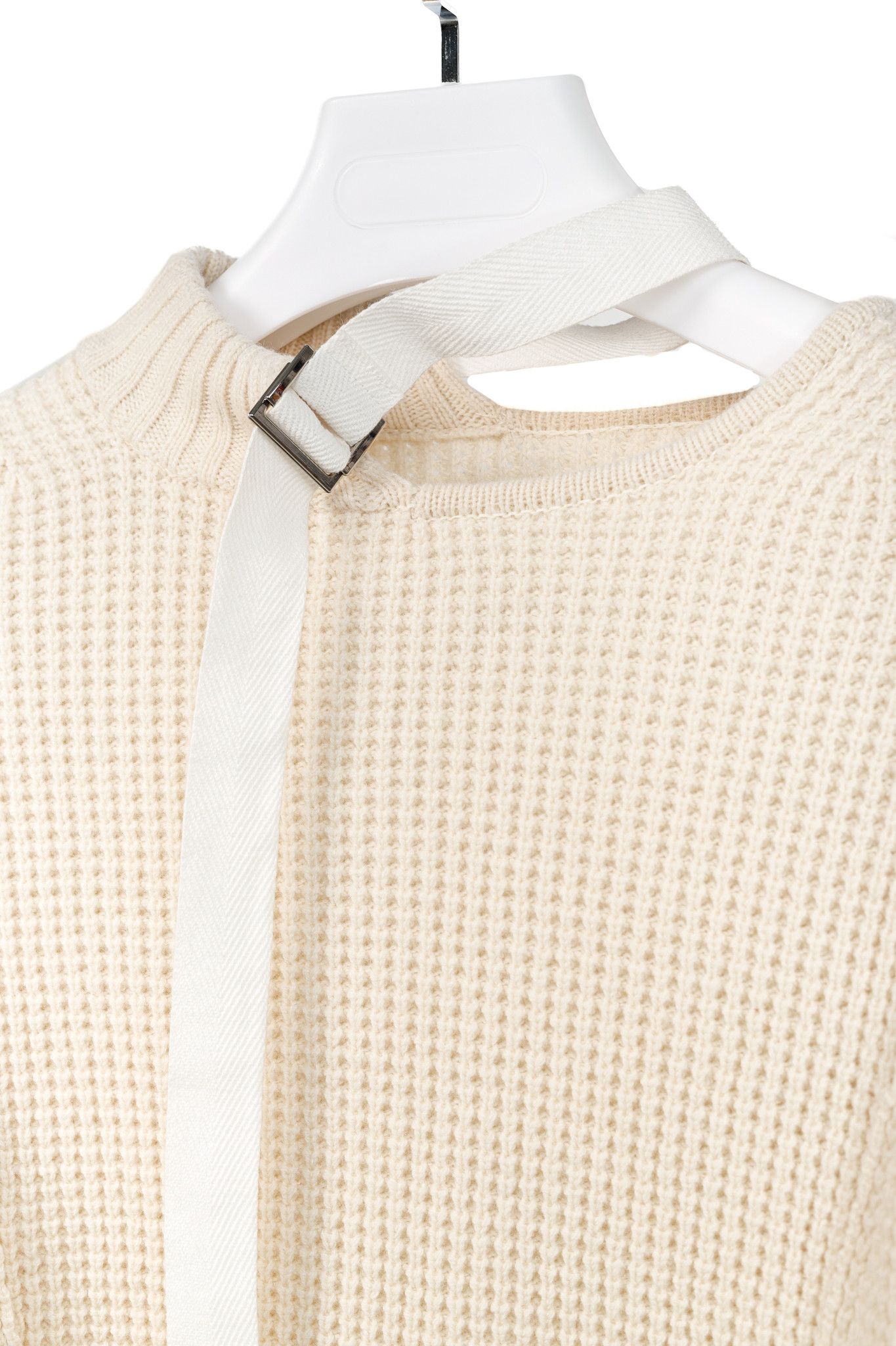 Sacai Sacai AW/16 Cream Wool Waffle-Knit Tie-Neck Sweater Size XL / US 12-14 / IT 48-50 - 4 Thumbnail