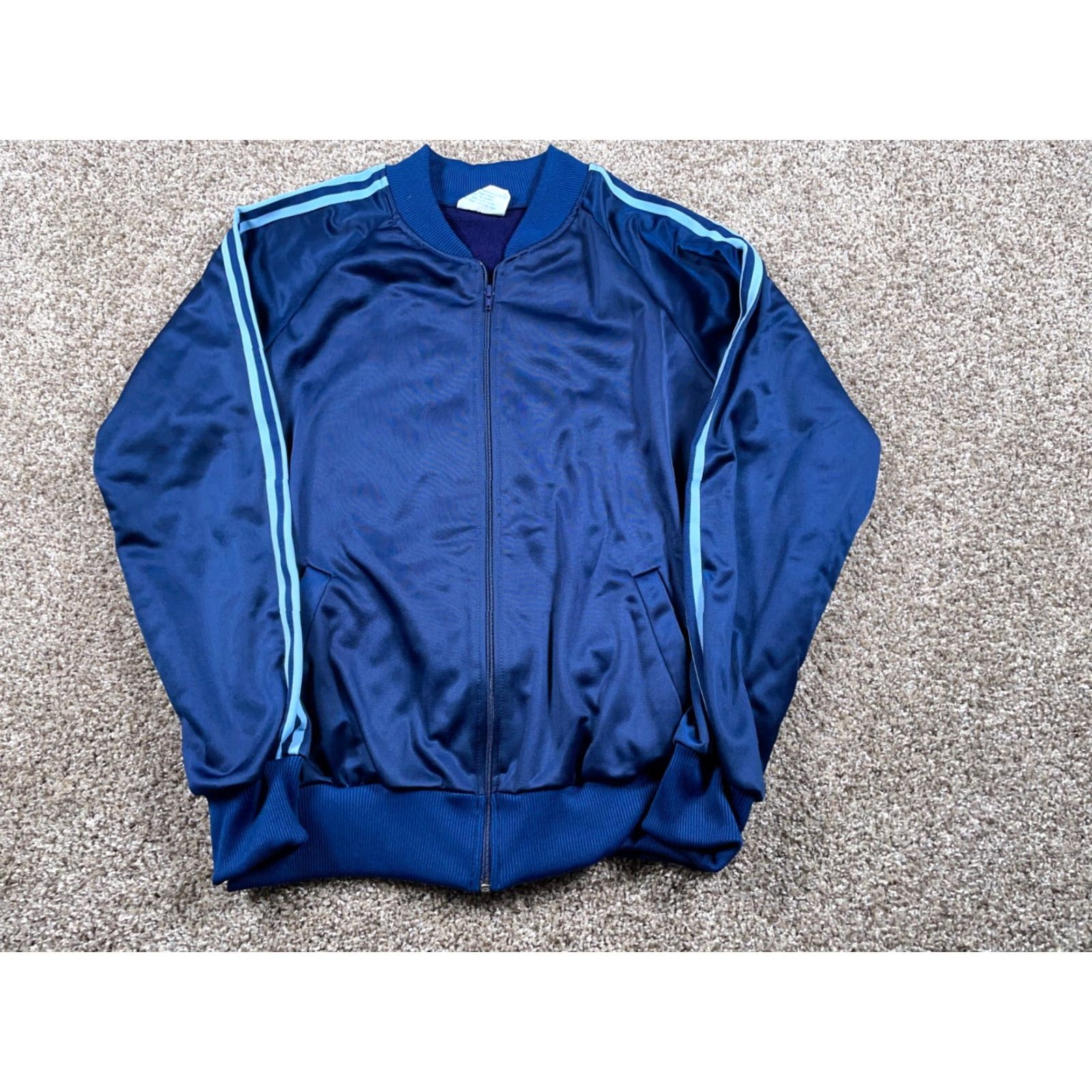 Vintage VTG 70s Track Jacket Adult XL Dark Blue Striped Sleeves Full Zip Pockets Polyester Winmark Tag Men Jacket Size US XL / EU 56 / 4 - 2 Thumbnail