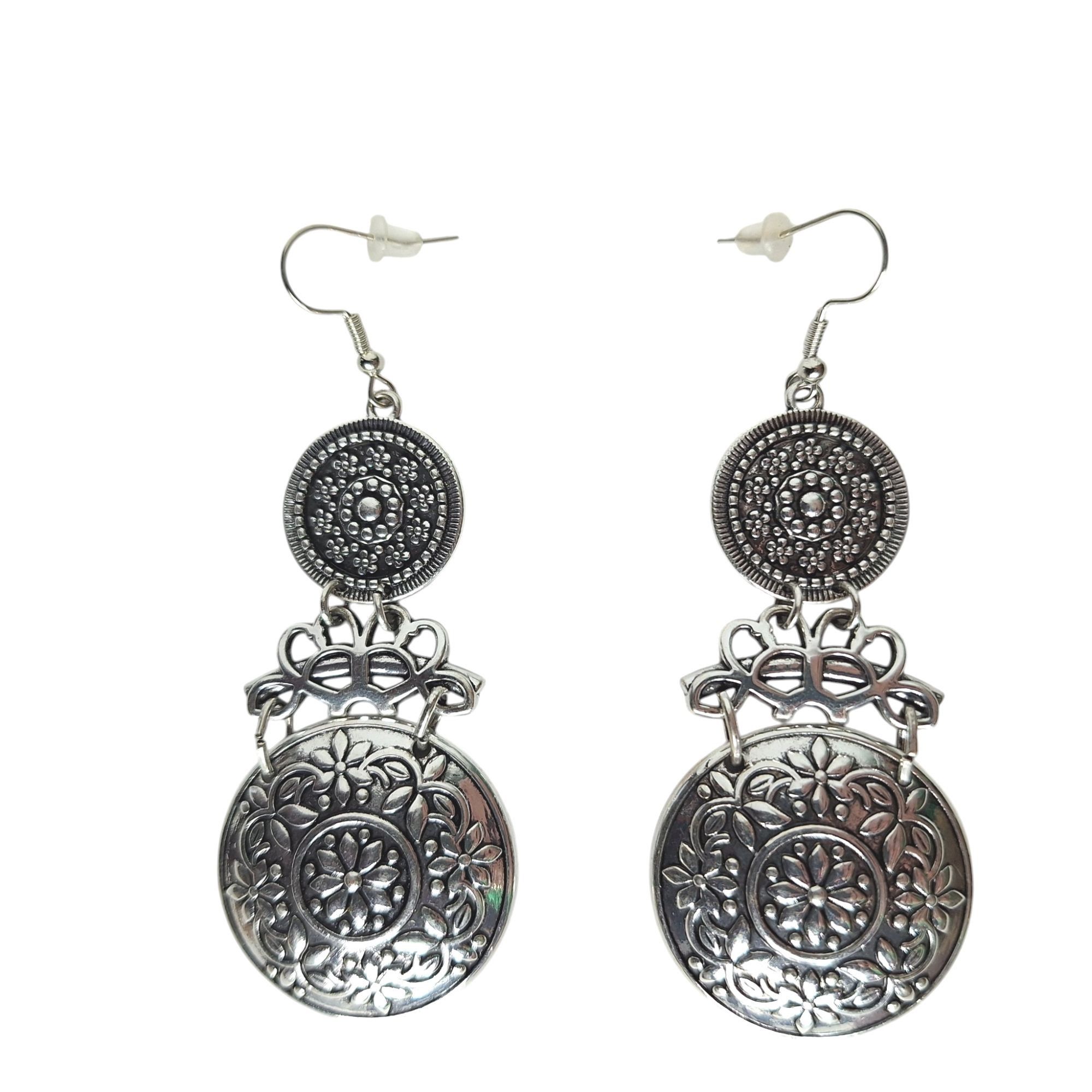 Other Silver Tone Medallion Drop Earrings Whimsigoth Boho Floral E Size ONE SIZE - 1 Thumbnail