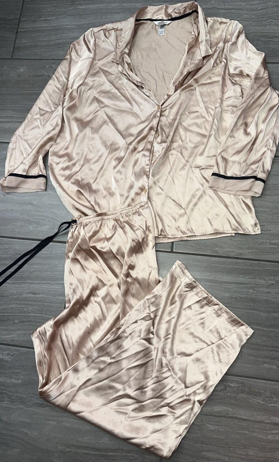 Uniforms For The Dedicated Delicates Satin 2pc Pajamas XXL Button Front Top Pants Beige Size ONE SIZE - 1 Thumbnail