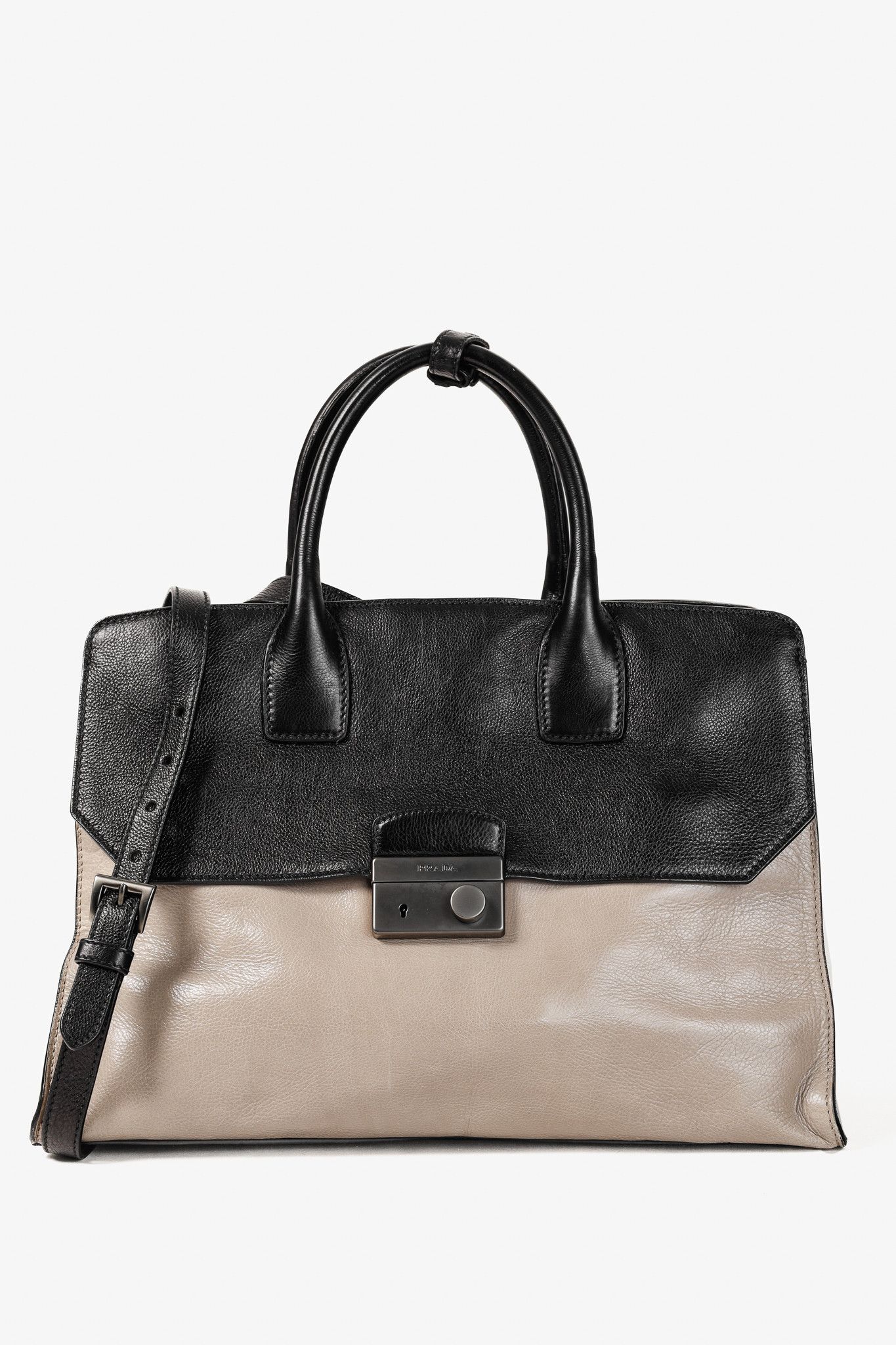 Prada Prada Pomice & Nero Glace Calf Leather Two-Tone Tote Size ONE SIZE - 1 Thumbnail