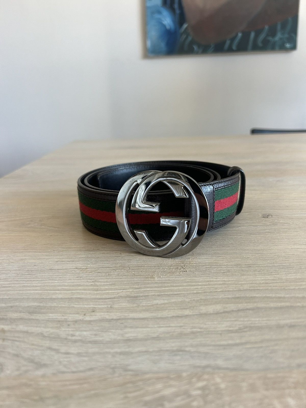 Gucci Gucci Brown Leather GG Supreme Web Belt Size 38 - 8 Thumbnail