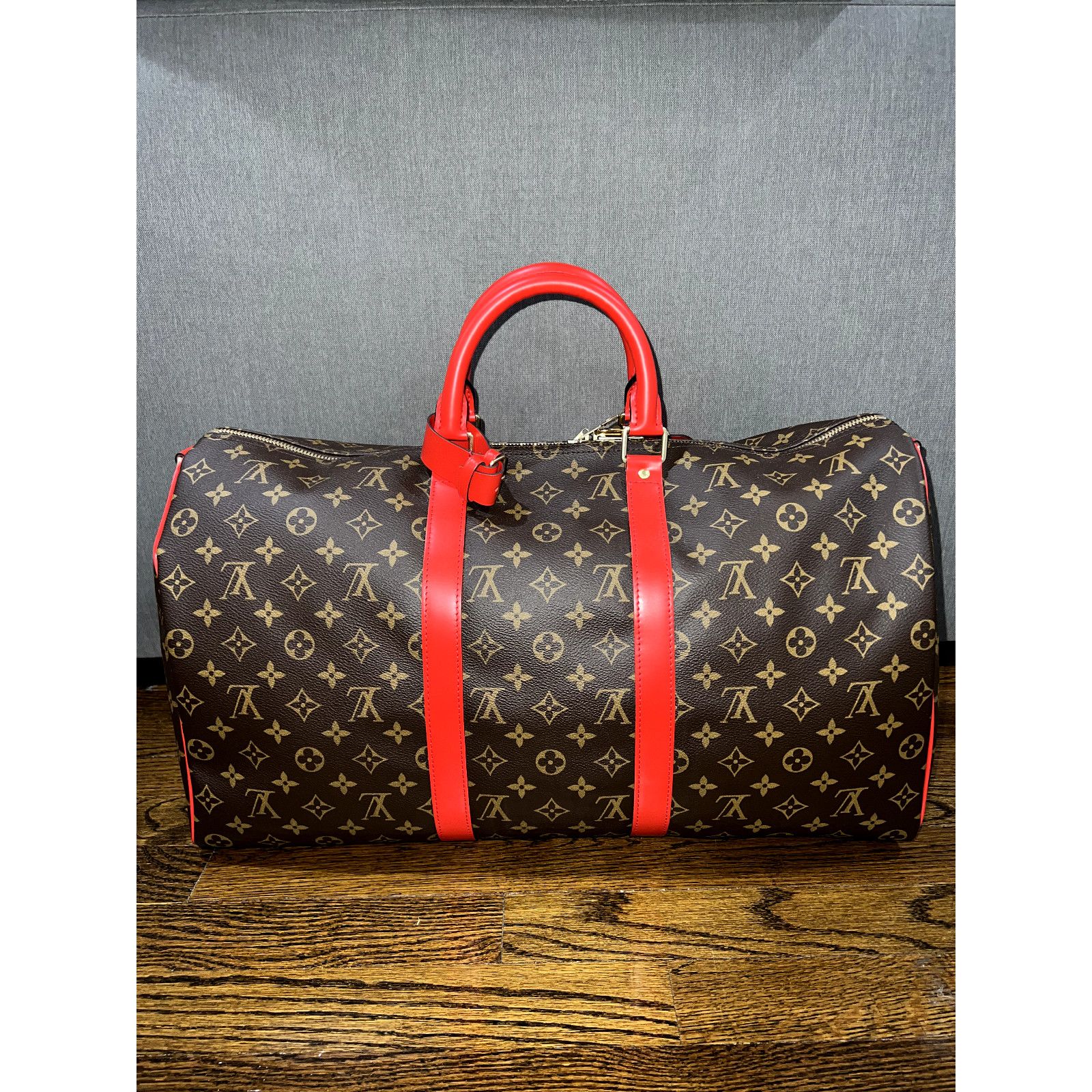 Louis Vuitton Monogram Brown Red Logo Weekend Travel Bag