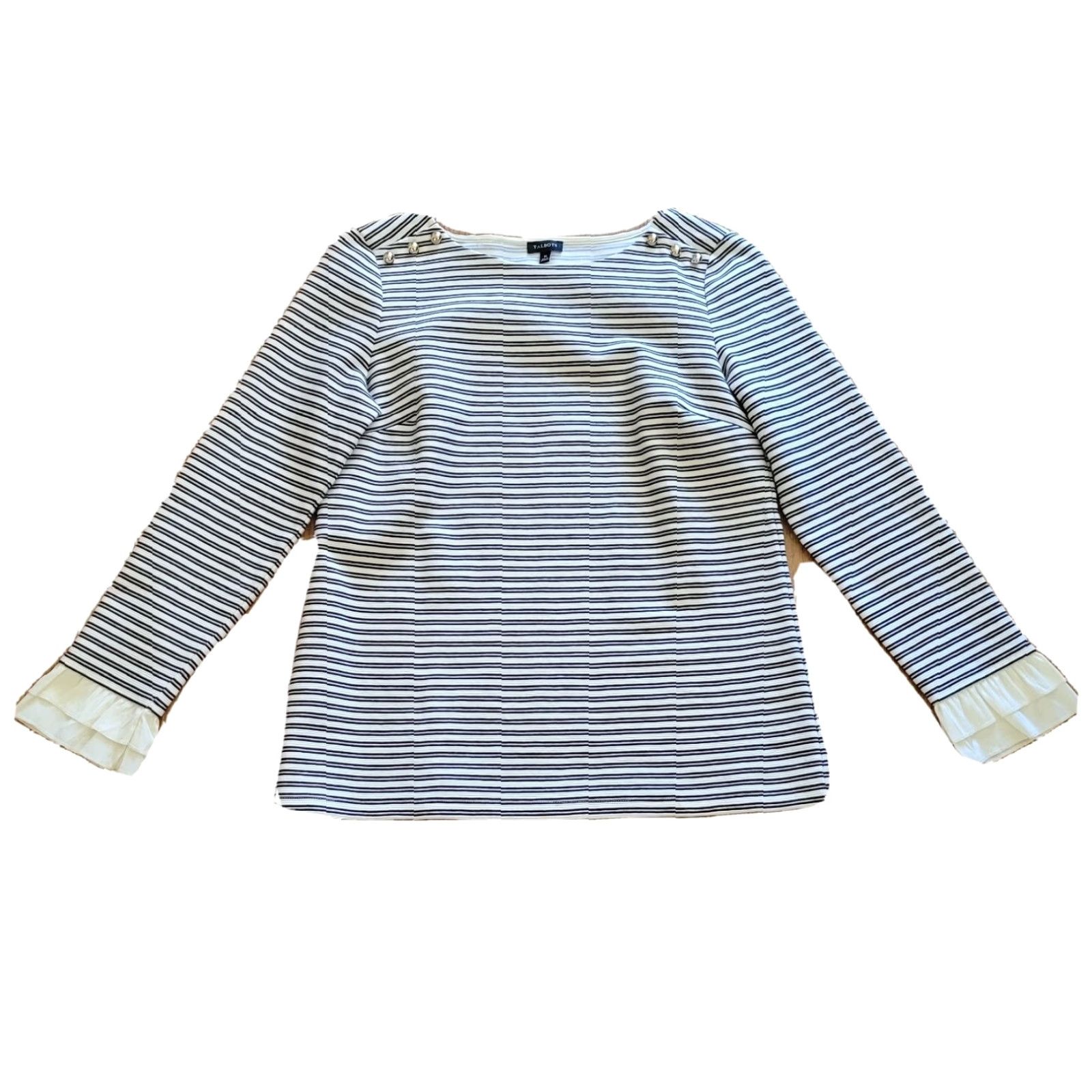 Talbots VINTAGE Talbots Shirt Womens M Black White Striped Ruffle Cuff Boat Neck Top Blouse Womens Classic Fit Size M / US 6-8 / IT 42-44 - 2 Thumbnail