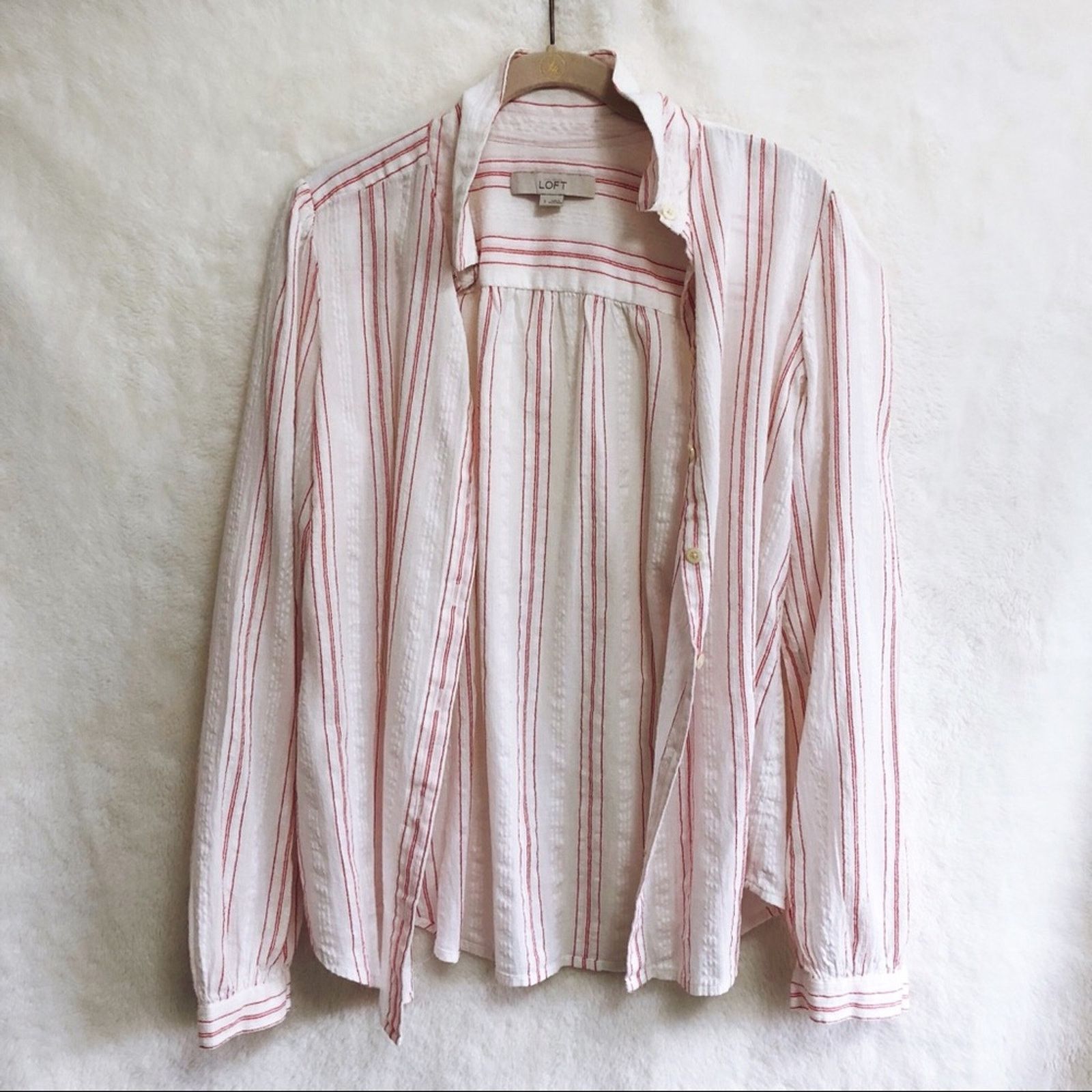 Loft LOFT Red & White Striped Long Sleeve Button Shirt Size S / US 4 / IT 40 - 1 Thumbnail