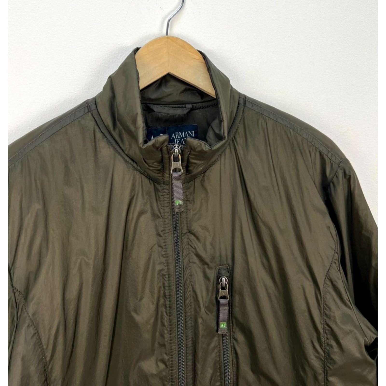 Vintage VINTAGE Armani Jeans Jacket Men S Nylon Lightweight & Warm Dark olive green Logo Archive Piece EU 48 / US S Size US 29 - 5 Thumbnail