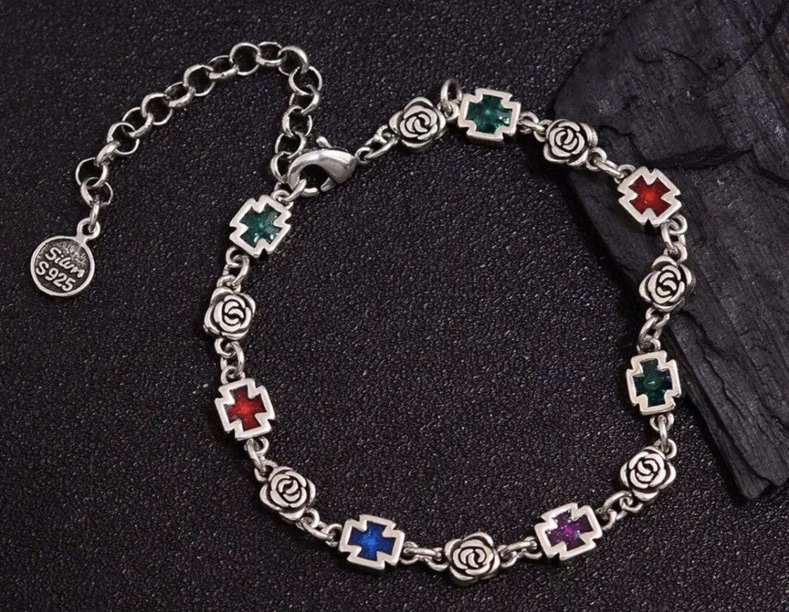 Jewelry Rose Flower Cross Shiny Colorful Crystal Bracelet Size ONE SIZE - 1 Thumbnail