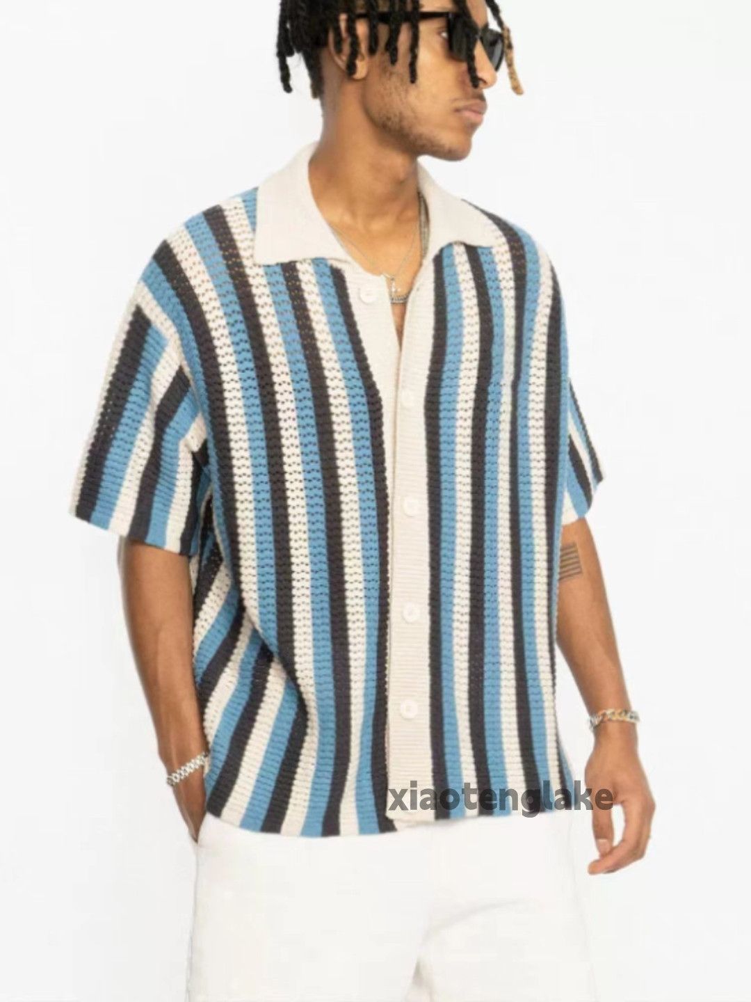 Utility outdoor loose hiphop knitted striped hollow shirt