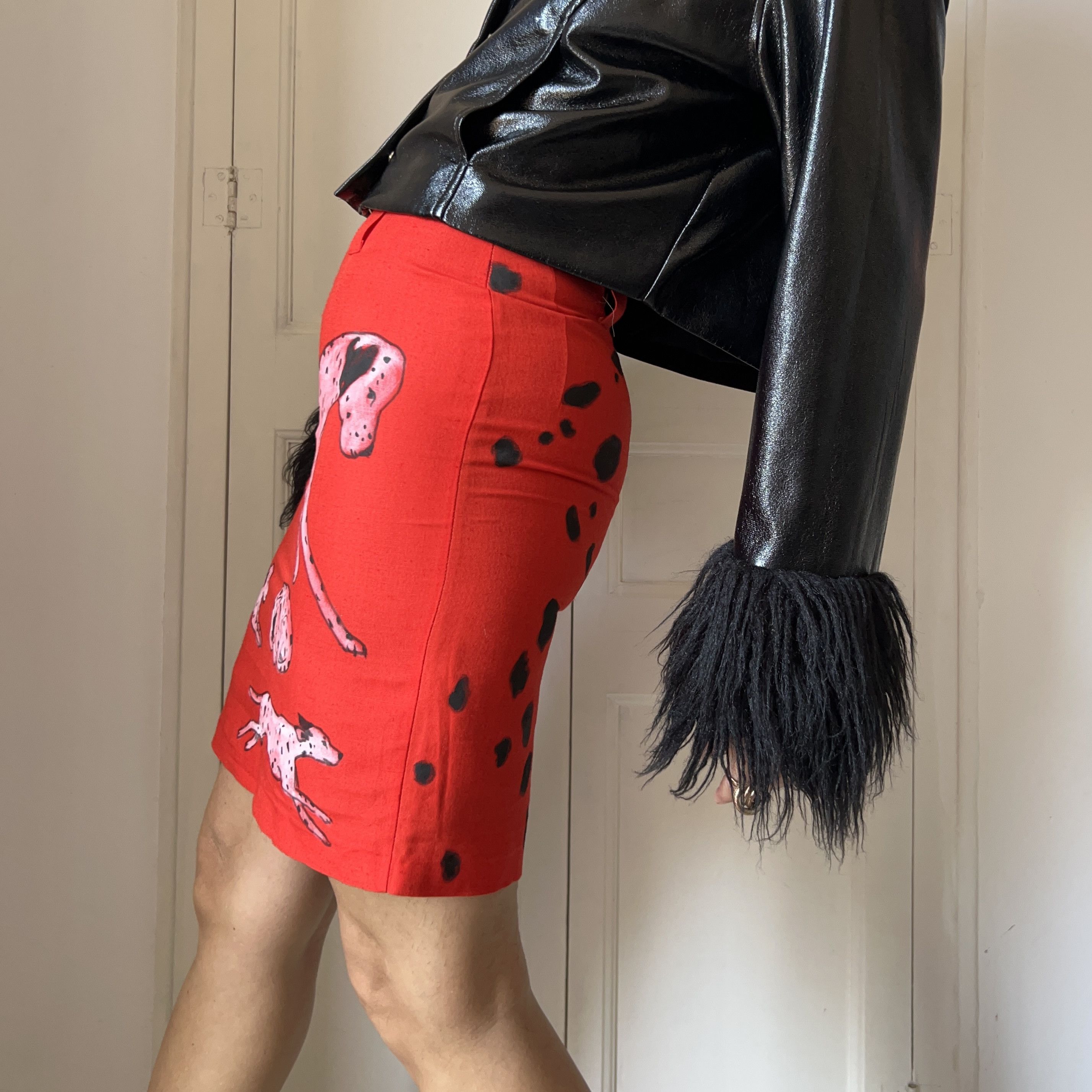 Custommade Painted Dalmatian Dog Red Linen Cotton Mini Skirt Size 27" / US 4 / IT 40 - 3 Thumbnail