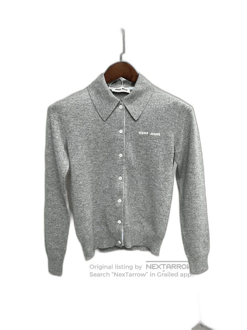 Miu Miu Gray Cashmere Polo Cardigan.