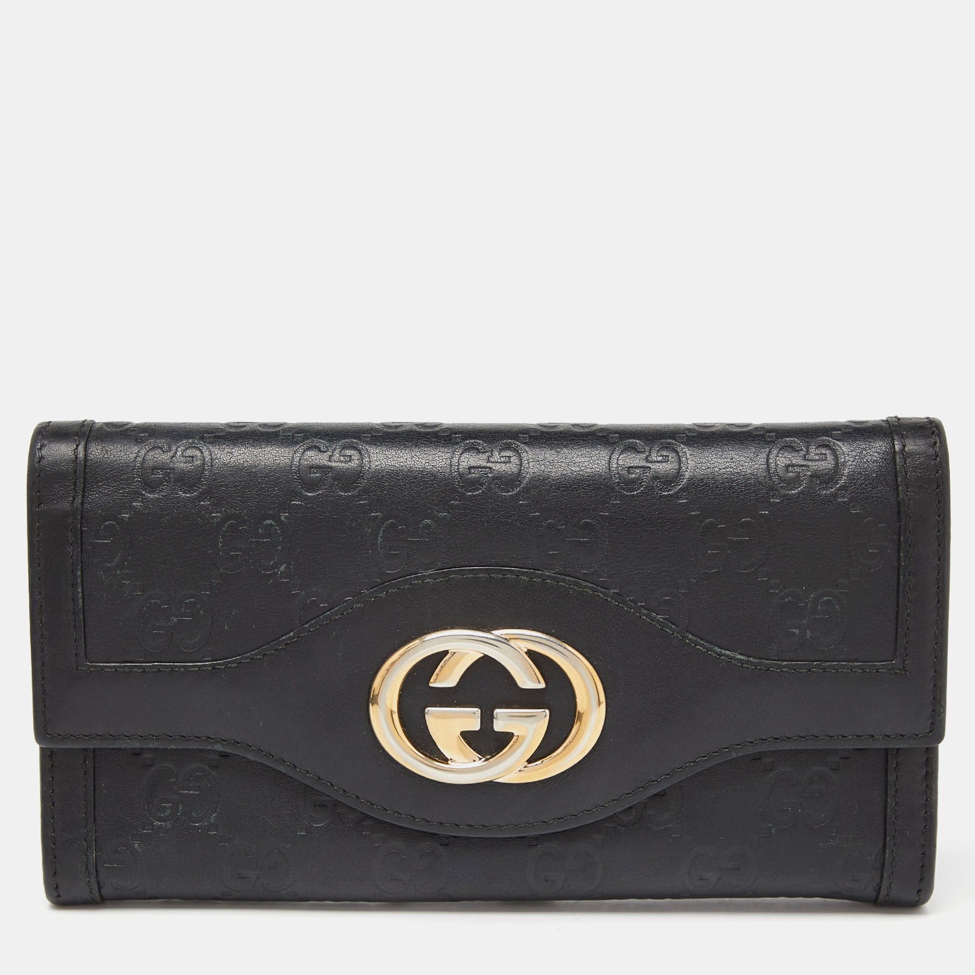 image of Gucci Black Ssima Leather Flap Continental Wallet, Women's