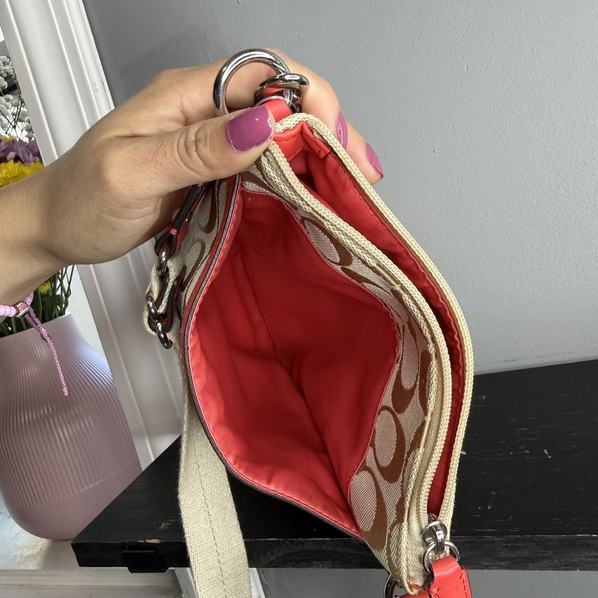 Coach Coach Khaki Signature Canvas Crossbody with Red Leather Trim Size ONE SIZE - 4 Thumbnail