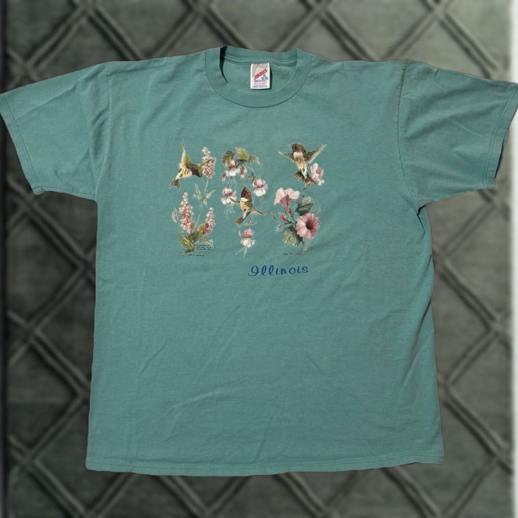 Jerzees VINTAGE 90s Birds Art Nature Flower Cute Illinois Teal Blue T-Shirt XL Jerzees Unisex Adults Blue Nature Shirt XL Size US XL / EU 56 / 4 - 1 Thumbnail