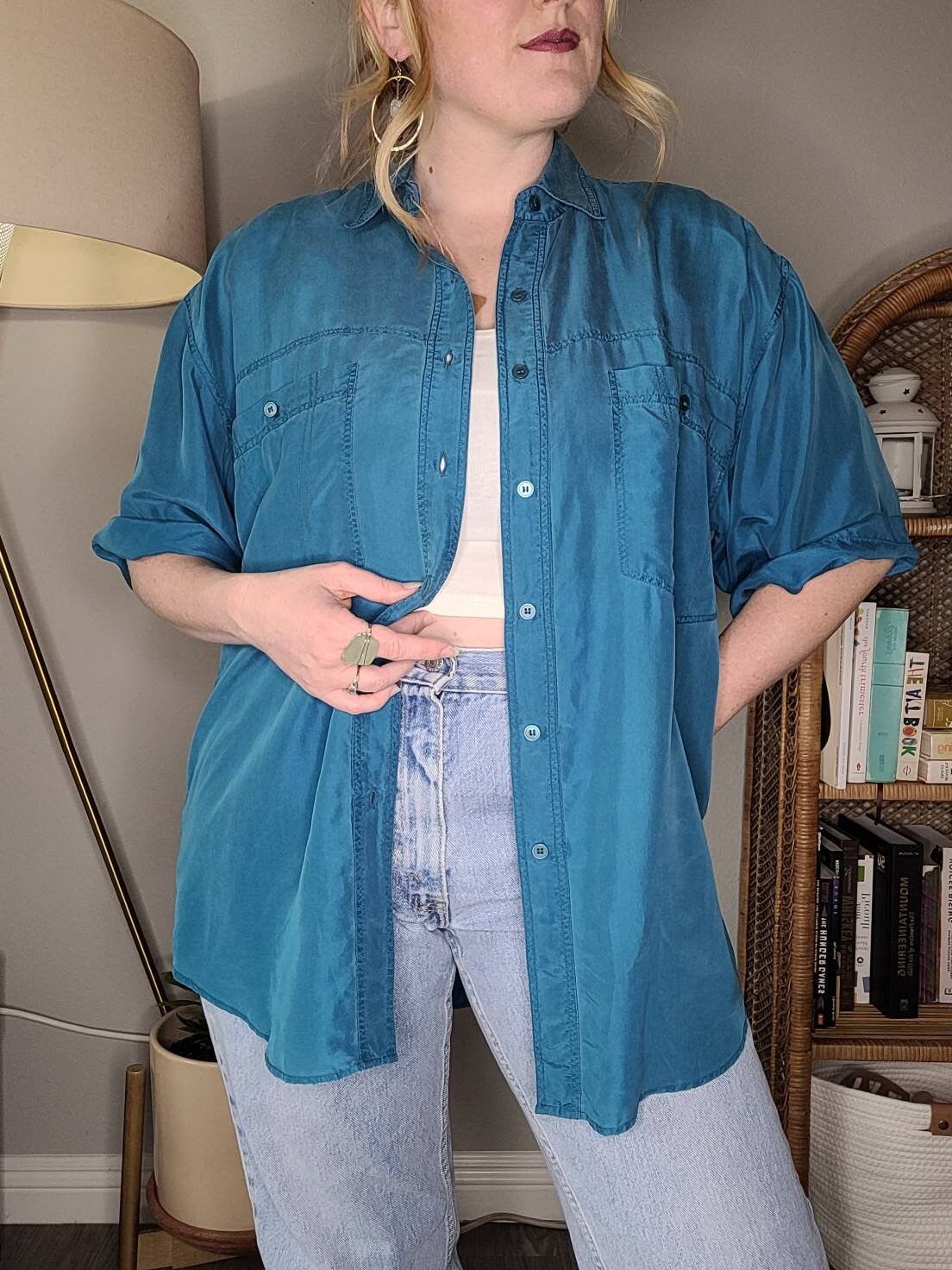 Vintage Vintage 80s/90s Relaxed Teal Silk Short Sleeve Button-up Size US L / EU 52-54 / 3 - 2 Thumbnail