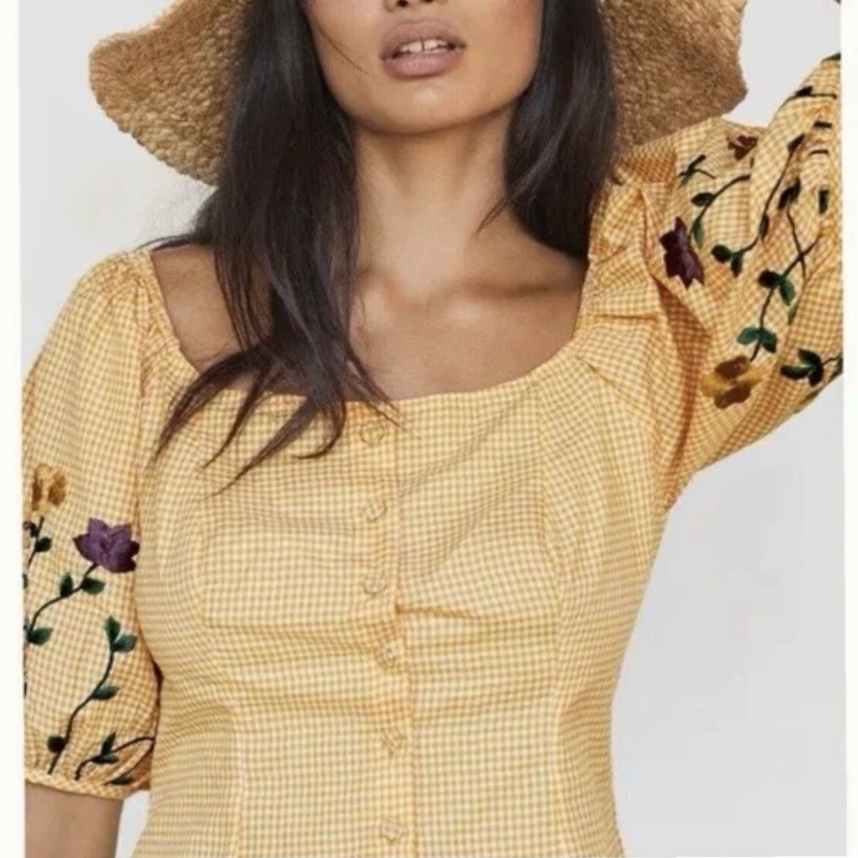 Anthropologie Anthropologie Samant Chauhan Amabella Floral Embroidered Blouse Top M Yellow Puff Sleeve Women Shirt Size M / US 6-8 / IT 42-44 - 5 Thumbnail