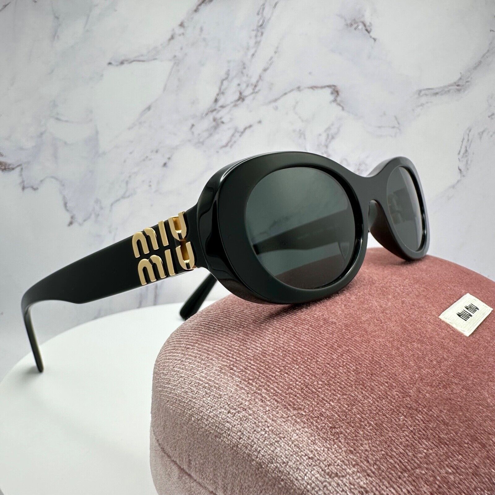 Miu Miu New MIU MIU Sunglasses Black Oval Gold Metal Logo Authentic Size ONE SIZE - 23 Thumbnail