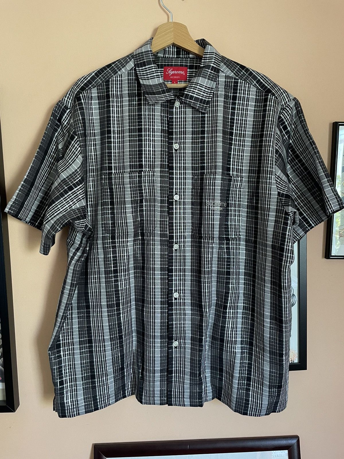 image of Supreme Ss23 Metallic Plaid Lurex Short Sleeve Shirt in Black/Grey, Men's (Size XL)