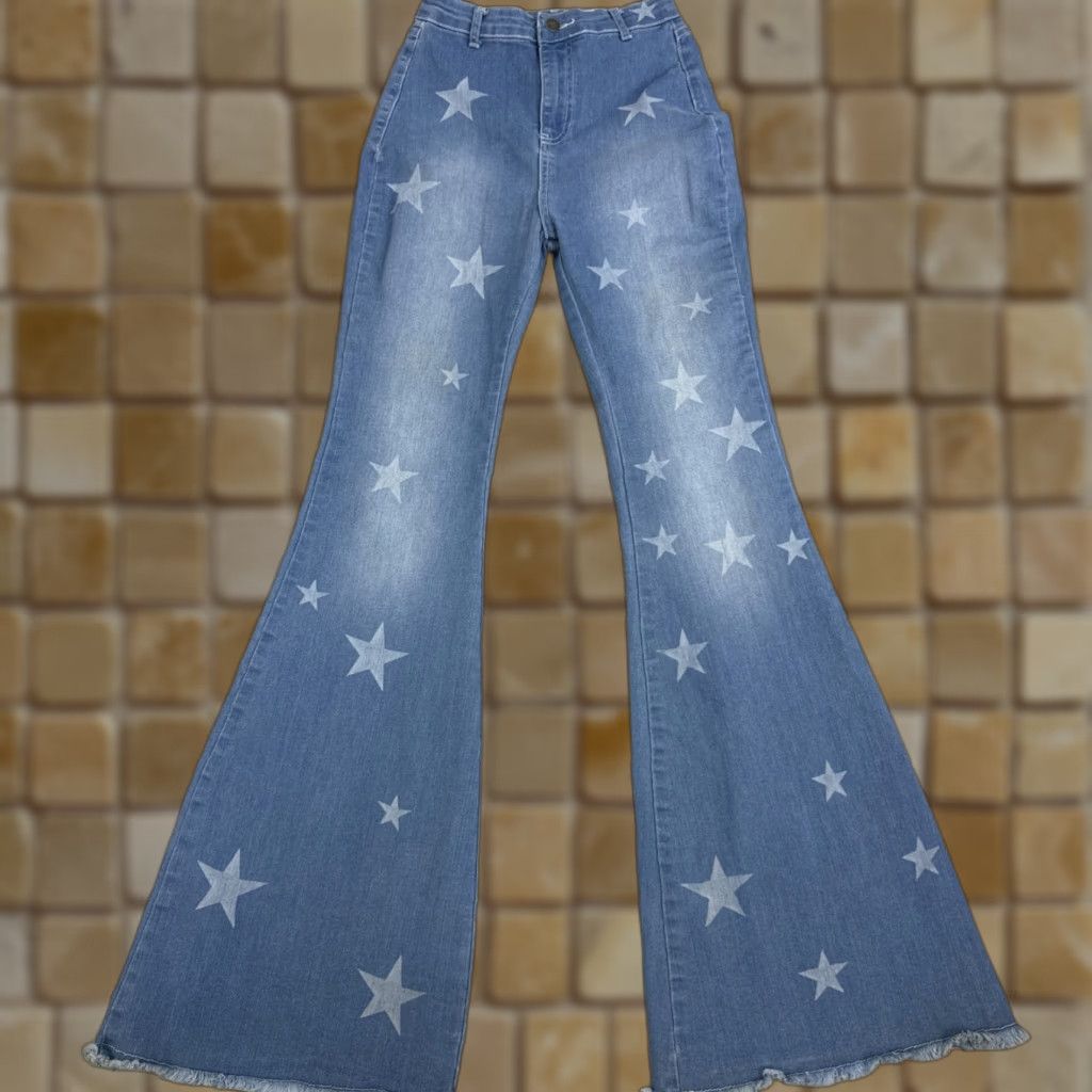 Nasty Gal Nasty Gal High Rise Flare Jeans - Stretch Denim - Black - Starry Written in the Stars - Size 6 - Women’s Jeans Size 28" / US 6 / IT 42 - 1 Thumbnail