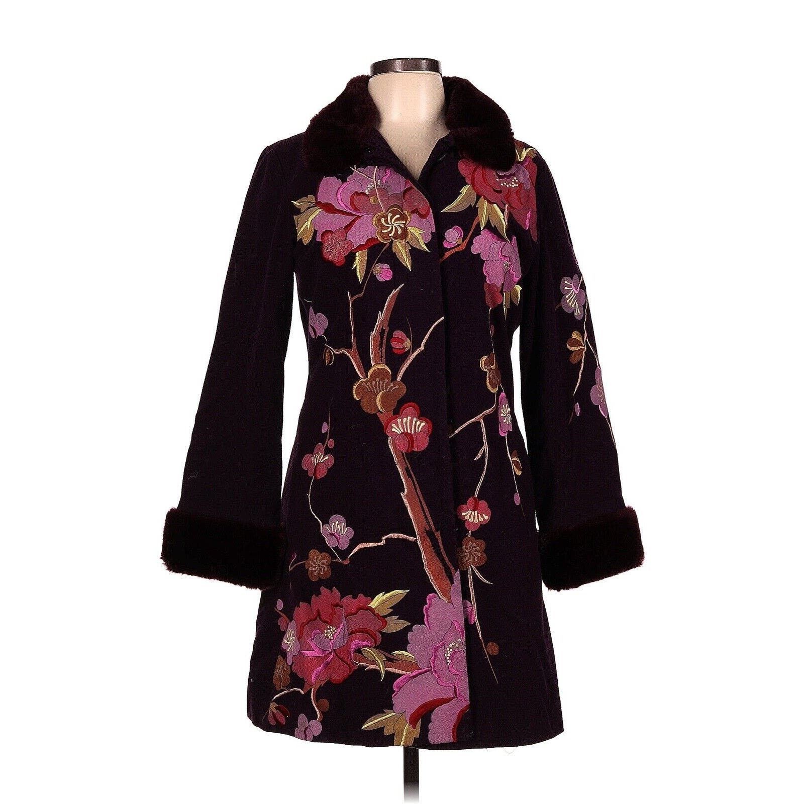 image of Anthropologie Fei Embroidered Floral Faux Fur Collar Coat in Pink, Women's (Size Large)