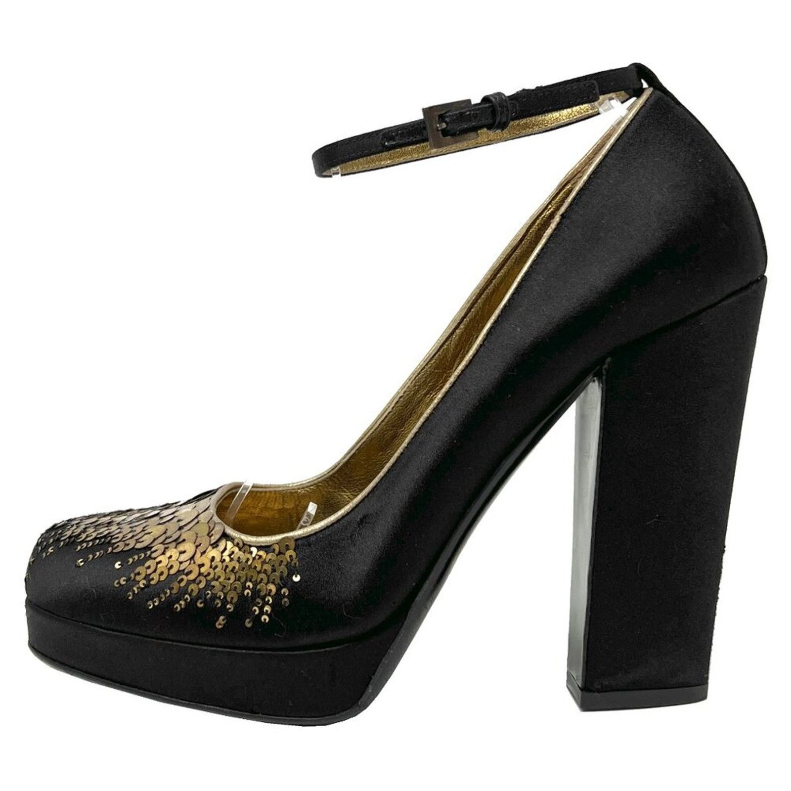 Prada Prada Black Satin Gold Sequins Mary Jane Platform Pumps Size US 8.5 / IT 38.5 - 1 Thumbnail