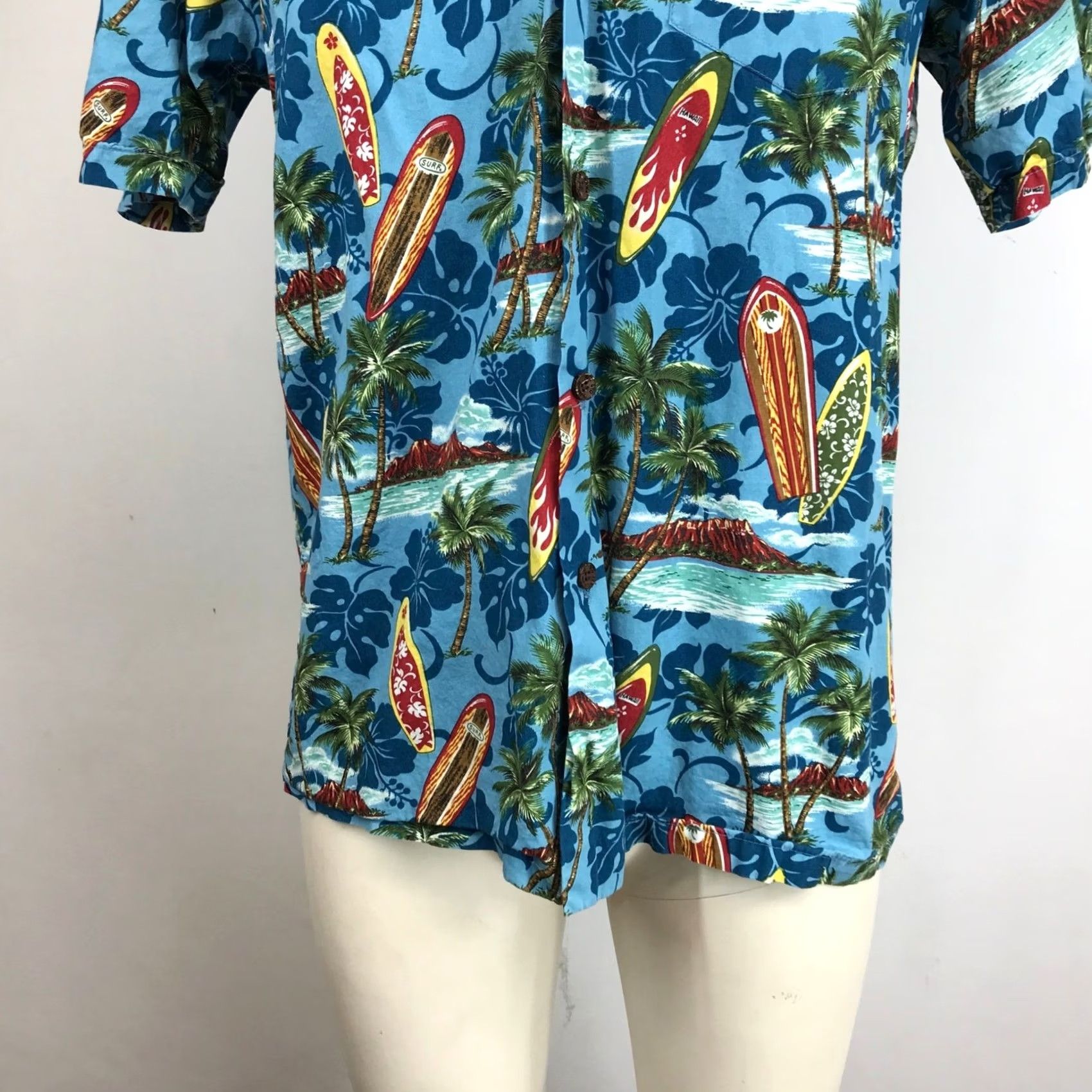 Vintage RJC Hawaiian Surfboard Palm Tree Print Button Up Shirt Men's M Blue Size US M / EU 48-50 / 2 - 3 Thumbnail