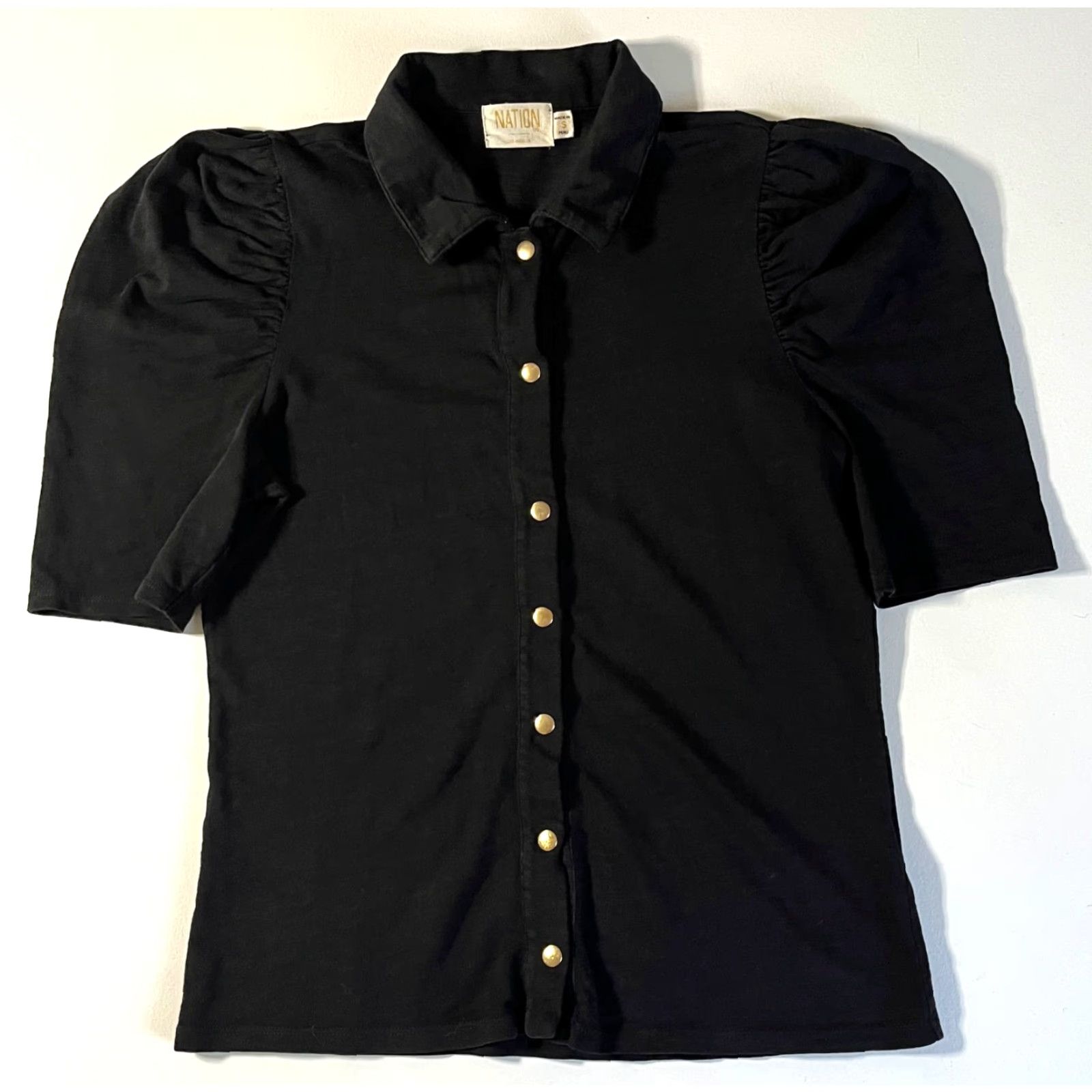Nation LTD Nation Ltd Los Angeles Ennis Workshirt Blouse S Black Puff Sleeve Snap Front Women’s Size S / US 4 / IT 40 - 7 Thumbnail