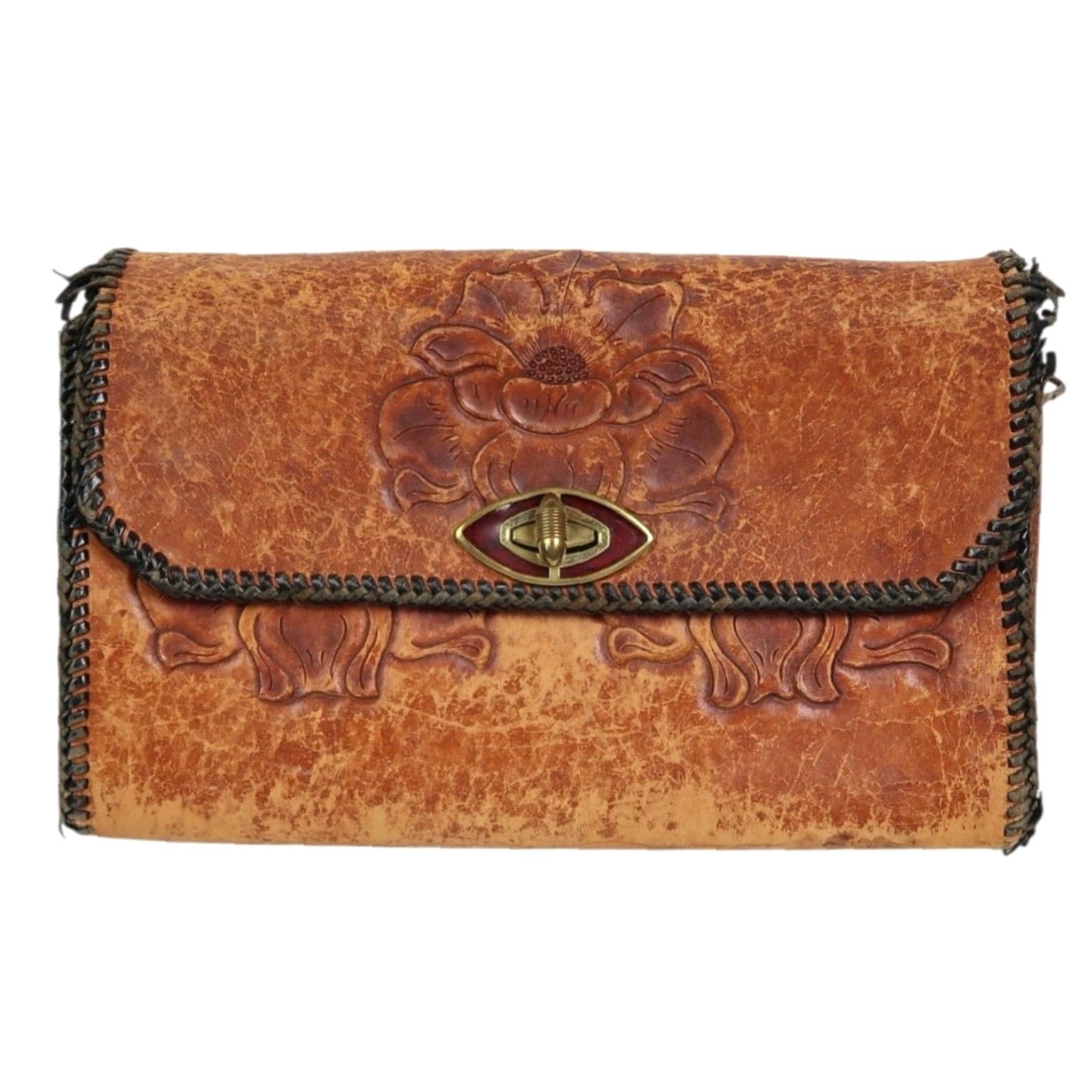 Vintage VINTAGE Brown Floral Embossed Leather Clutch Bag Purse Women Small 70s Bohemian Turn Lock Dining Casual Mens Womens Girls Size ONE SIZE - 2 Thumbnail