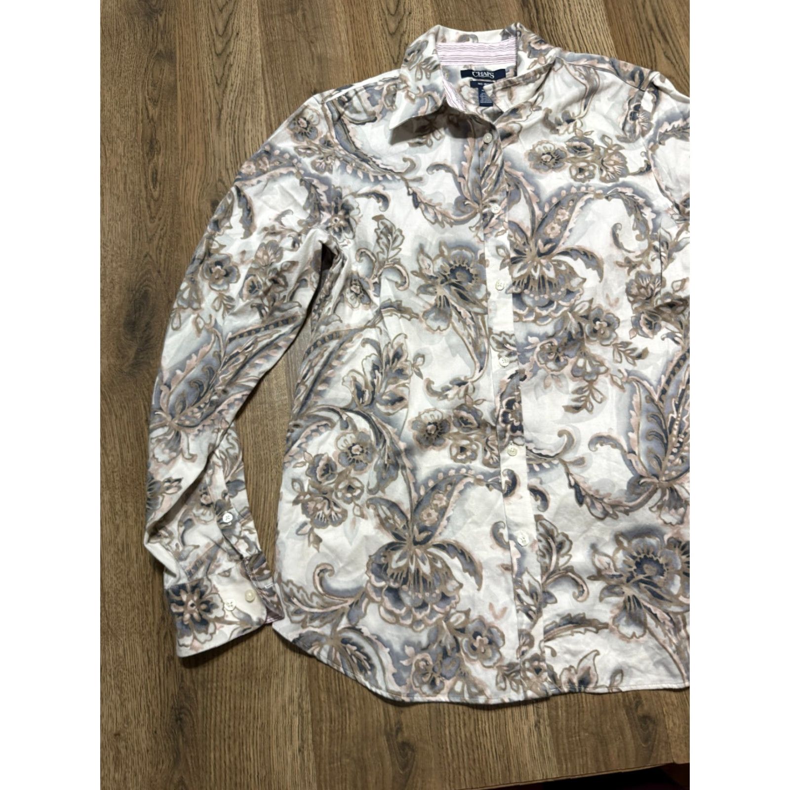 Chaps CHAPS Blouse Women's Medium White Blue Brown Pink Floral Long Sleeve Button Up Size M / US 6-8 / IT 42-44 - 3 Thumbnail
