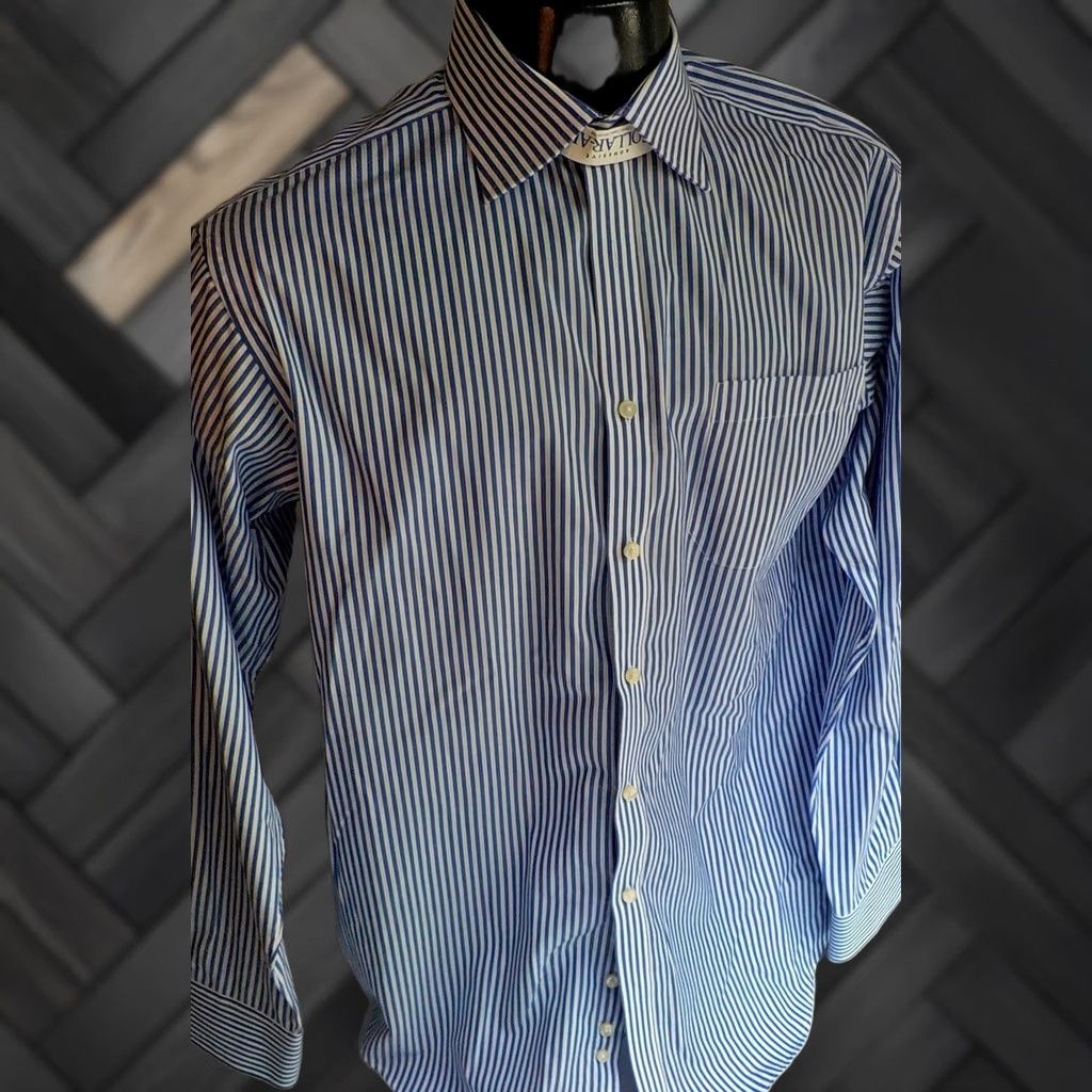 Pinko PINK by Thomas Pink Blue Striped Button Front Shirt 100% Cotton SZ 16 1/2-35 Mens Size US L / EU 52-54 / 3 - 1 Thumbnail