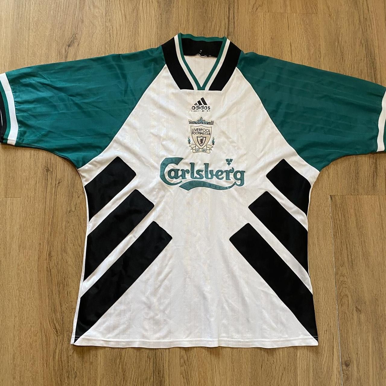 image of 1993-94 Liverpool Adidas Away Carlsberg Football Shirt in White, Men's (Size Large)