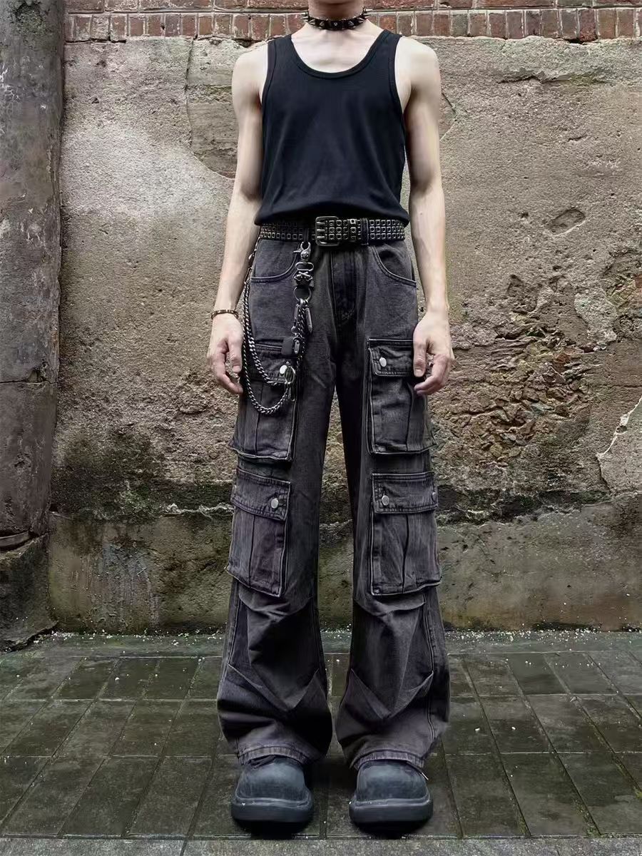 Japanese Brand × Jean Washed multi-pocket straight-leg workwear street jeans Size US 32 / EU 48 - 3 Thumbnail