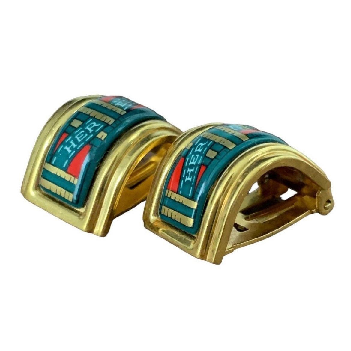 Hermes Vintage Hermes cloisonne golden earrings with green and red. Size ONE SIZE - 4 Thumbnail