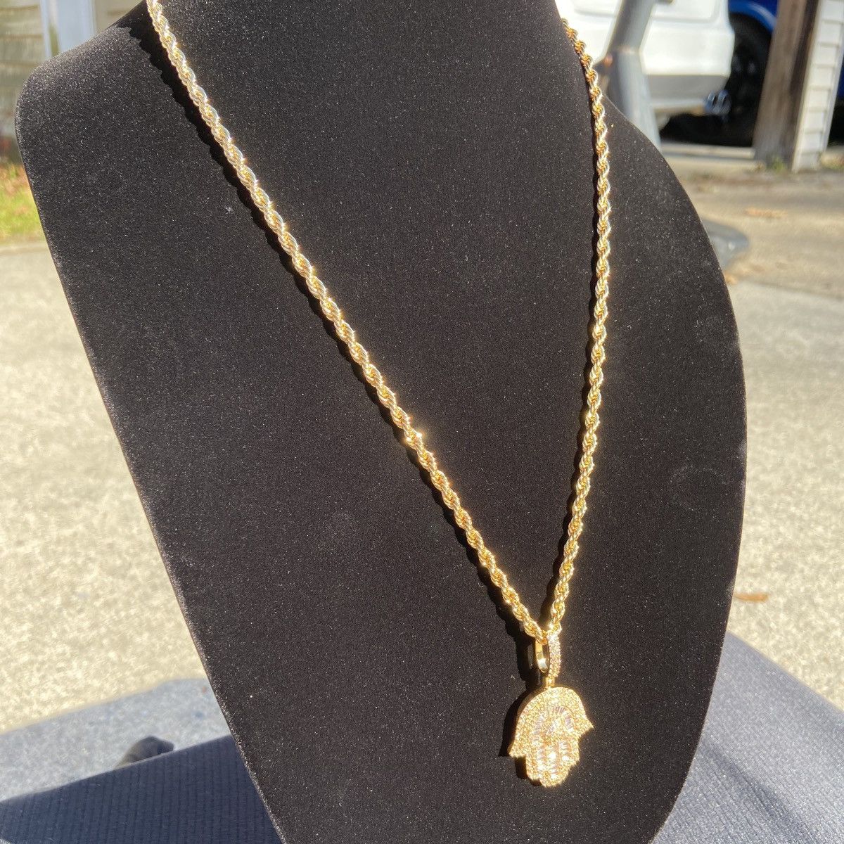 Gold Chain selling Rope Chain 24in 6mm and Icy Hamsa Hand Pendant