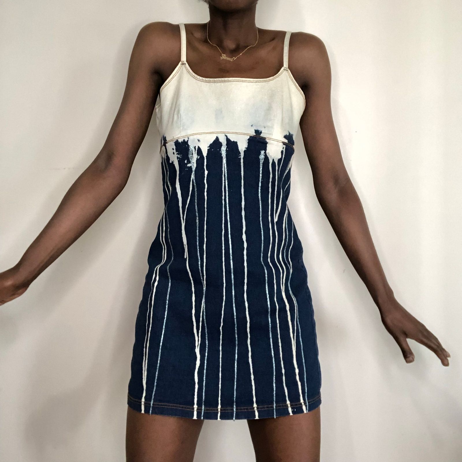 Vintage Vintage Y2K Aqua Blues Glitter & Drip Denim Slip Dress Size M / US 6-8 / IT 42-44 - 3 Thumbnail