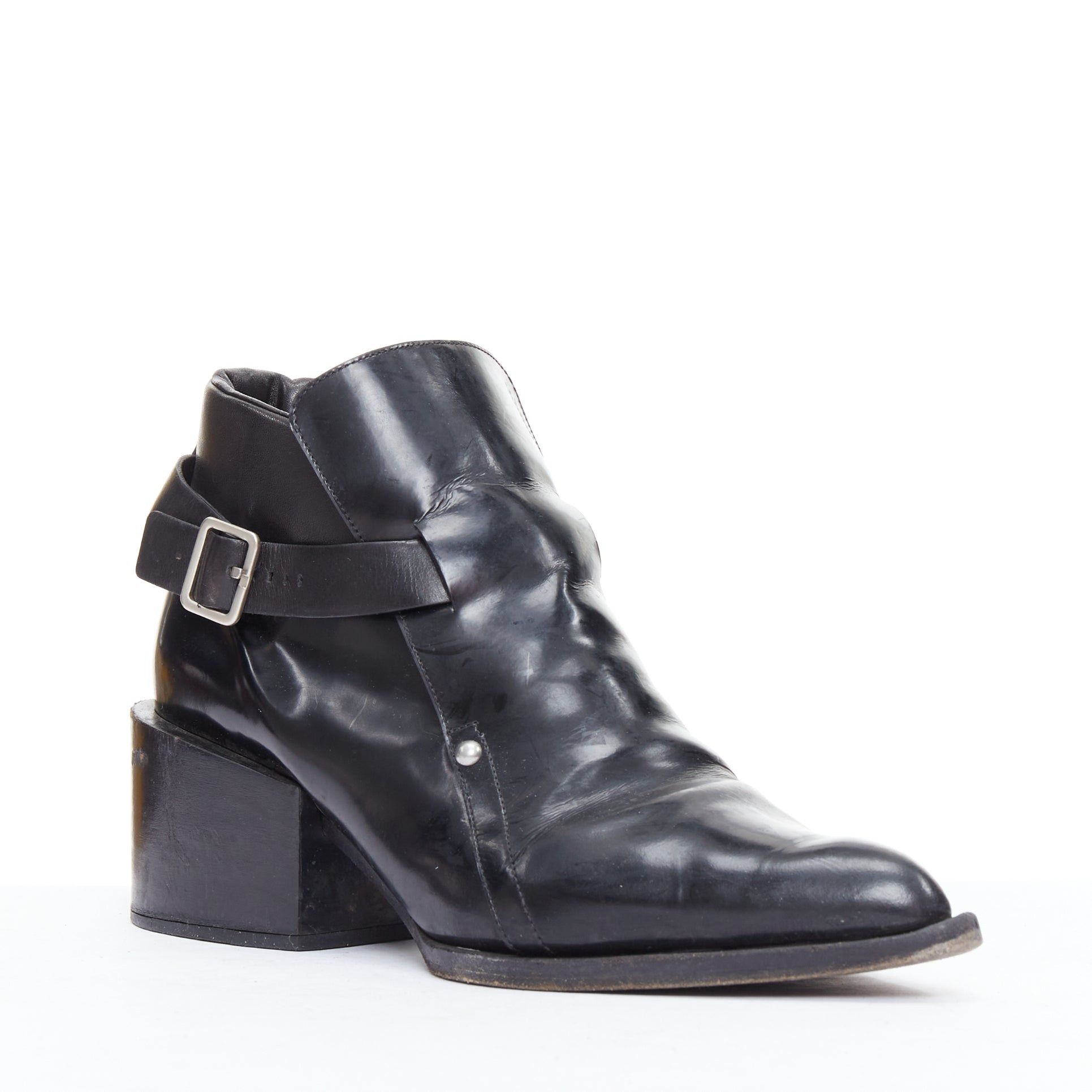 Jil Sander JIL SANDER black leather silver buckle block heel ankle boots EU38 Size US 8 / IT 38 - 1 Thumbnail