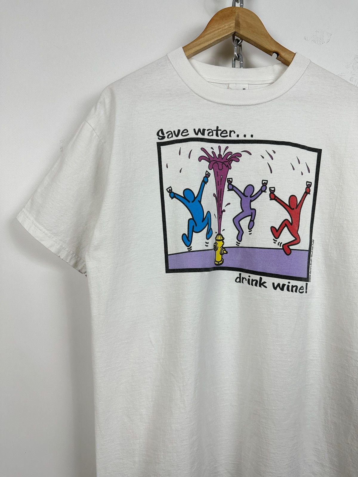 Keith Haring 1999 Vintage Keith Haring Save Water Drink Wine Art T-Shirt Size US L / EU 52-54 / 3 - 4 Thumbnail