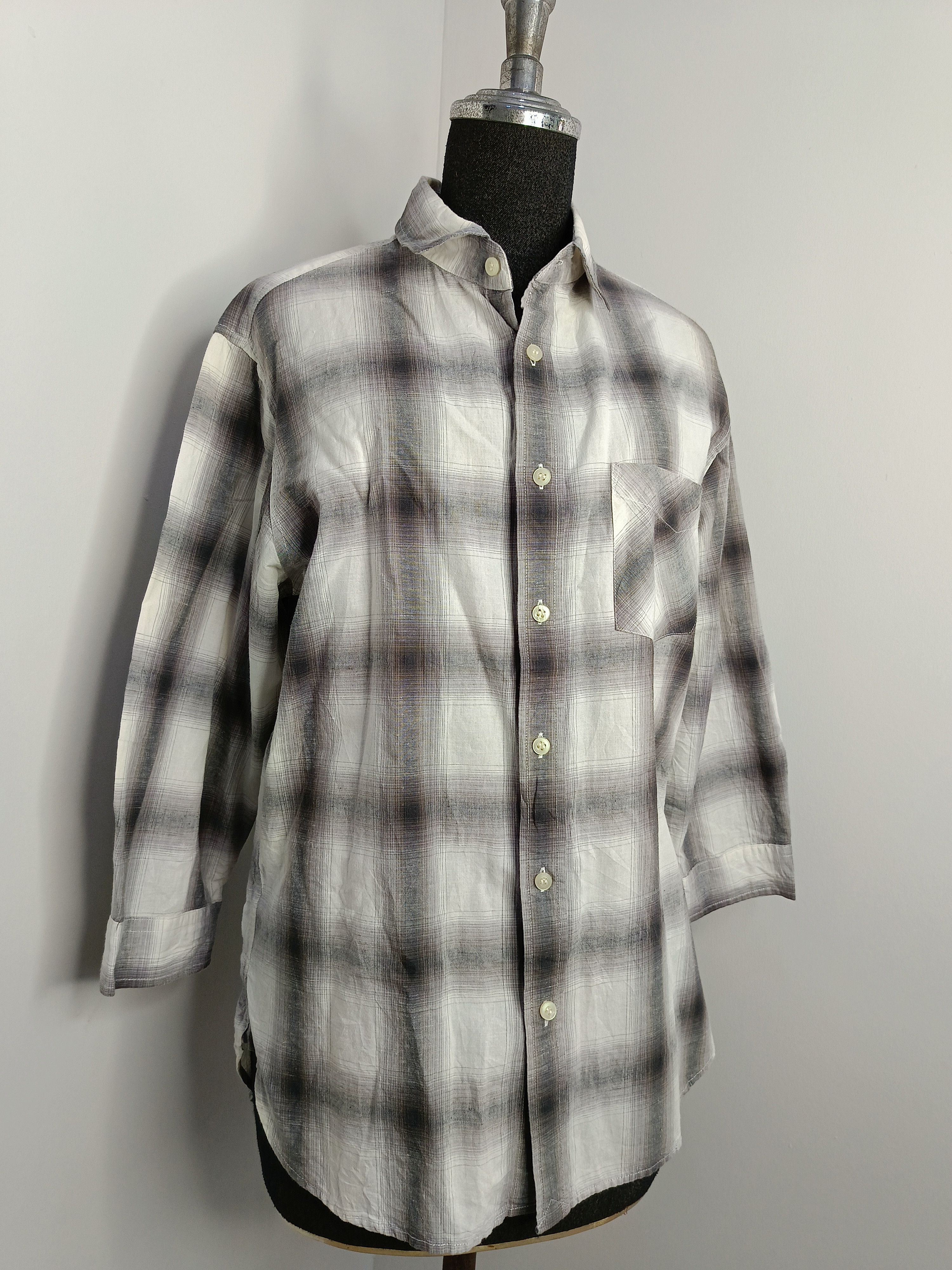 image of Niko And ... By Issey Miyake 3 Gray Plaid Linen Cotton Shirt, Men's (Size Medium)