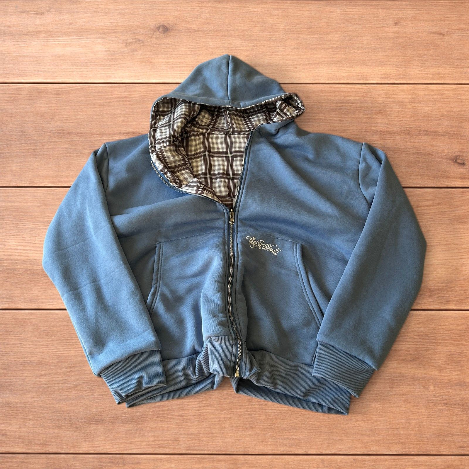Japanese Brand Oversized baggy reversible zip up hoodie in checkered navy. Size US L / EU 52-54 / 3 - 1 Thumbnail