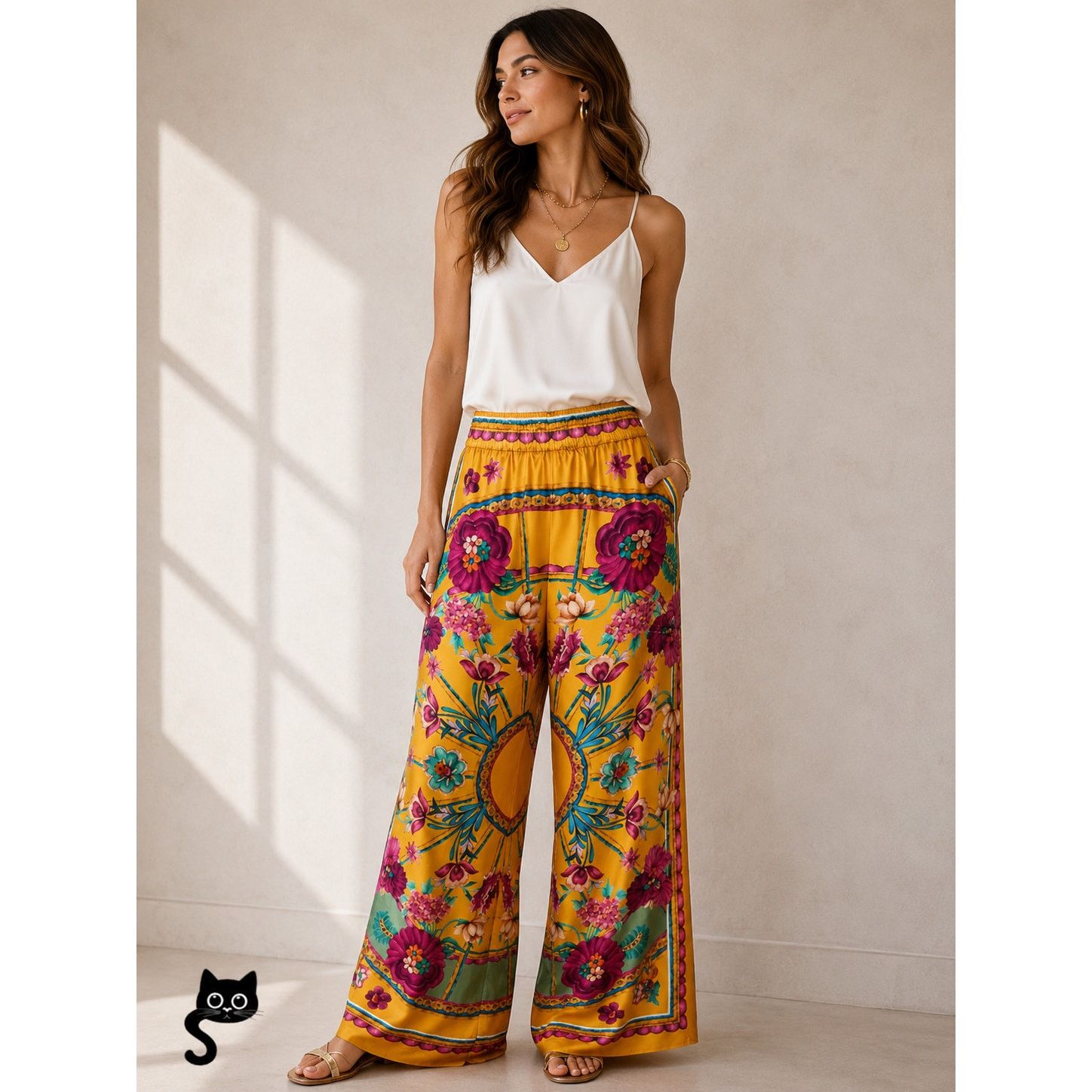 La DoubleJ La DoubleJ Yellow Multi-Color Printed Silk Palazzo Pant XL Size 36" / US 14 / IT 50 - 3 Thumbnail
